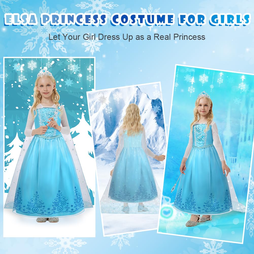 ACWOO Elsa Vestito Set, Costume Elsa Congelamento Bambina, Set da Principessa con Corona Bacchetta, Elsa Vestito Bambina per la Halloween Natale Cosplay Party Compleanno Vestito Fantasia