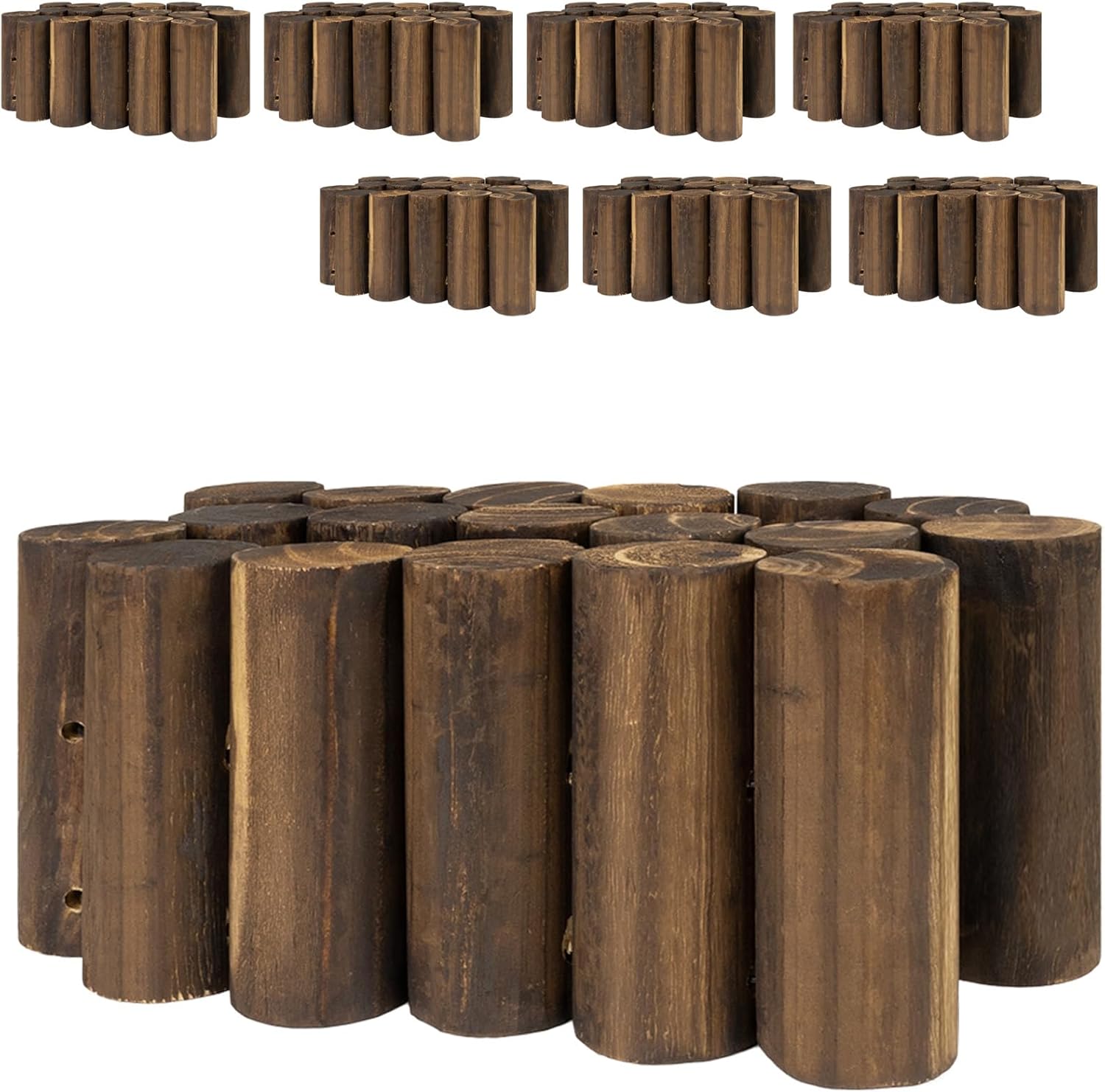 Wood Garden Edging for Landscaping, Round Log Fence Border for Flower Beds, Heavy-Duty Carbonized Pine with Rustic Look, Pre-Connected Natural Logs for Outdoor Paths and Lawns (5.9" H x 35" L, 8 Pack)