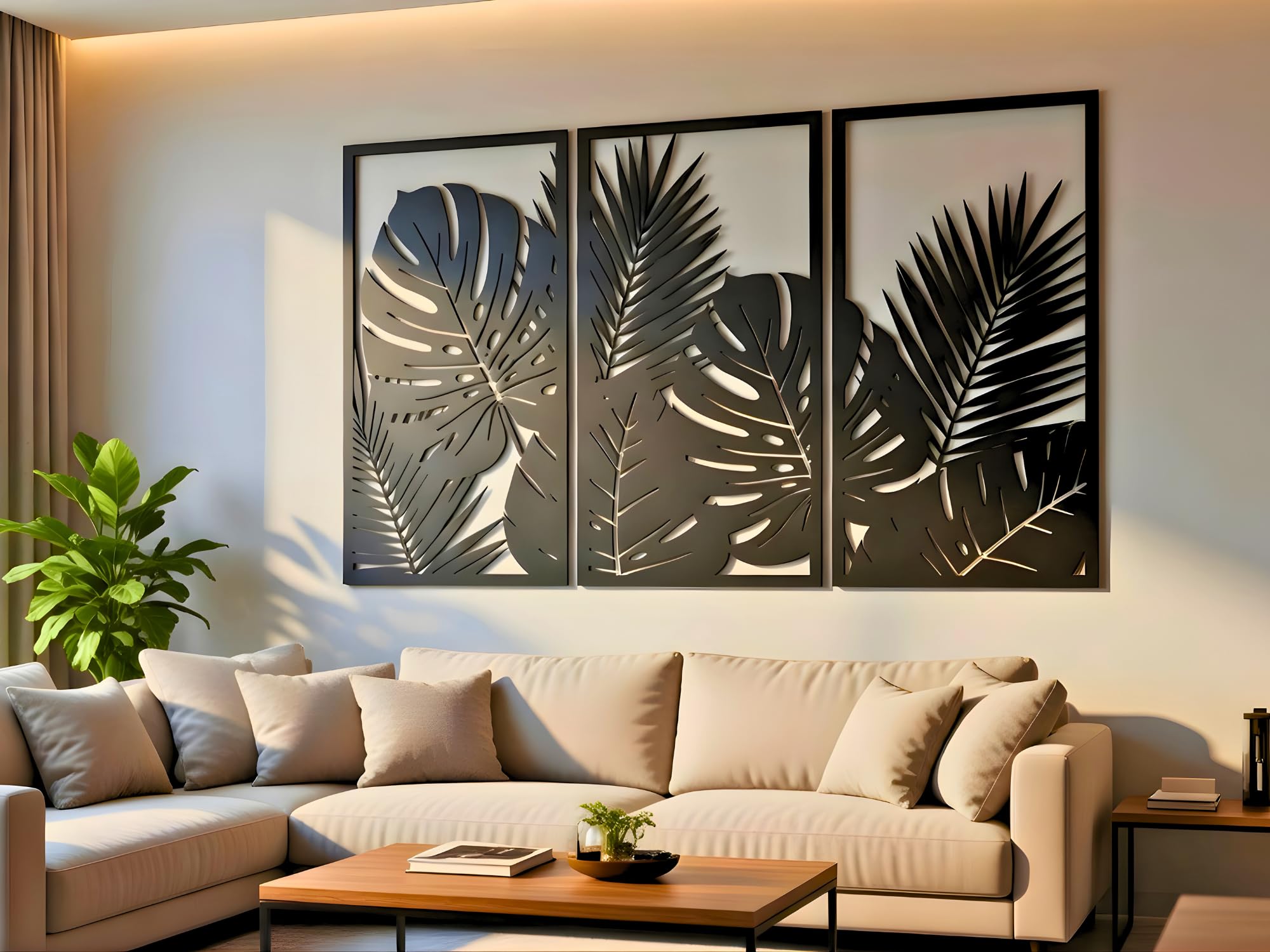 VAILLA Árbol de la Vida Decoración de Pared Mural de Madera Decoración en Negro Dorado Decoración de Pared Hogar Arte de Pared 3D Decoración Moderna Cuadros para Hogar (Hojas tropicales 8)
