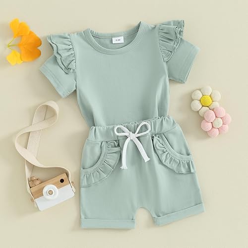 Miniatura 9 de Ursobutegl Conjunto de 2 piezas de ropa para bebés y niñas pequeñas, camiseta de manga corta con volantes, cintura elástica, pantalones cortos