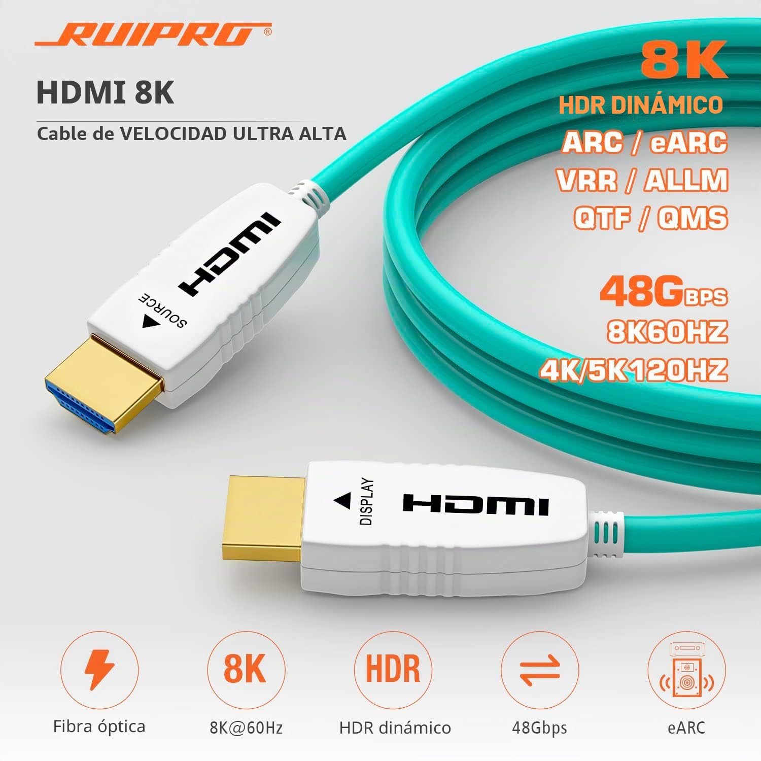 RUIPRO Cable HDMI 2.1 de Fibra Óptica 8K 15M, Ultra Alta Velocidad 48Gbps, Soporta 8K@60Hz, 4K@120Hz, HDR Dinámico, eARC, HDCP 2.2, Compatible con PS5, Xbox, TV, Proyector, Monitor, Home Cinema