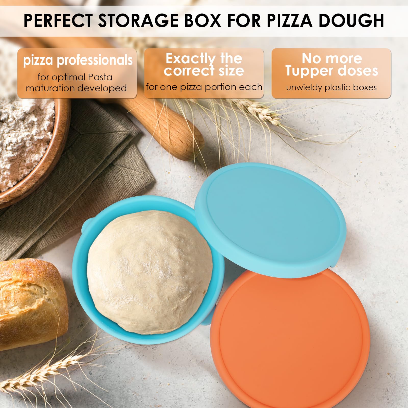Pizzaballenbox 4 Stück, 700ML Pizzaballenbox mit Deckel, Pizza Box aus Antihaftendem, Silikon-Pizzateig-Kugel-Gärbehälter Teigschale für Home Kitchen Restaurant Bunt