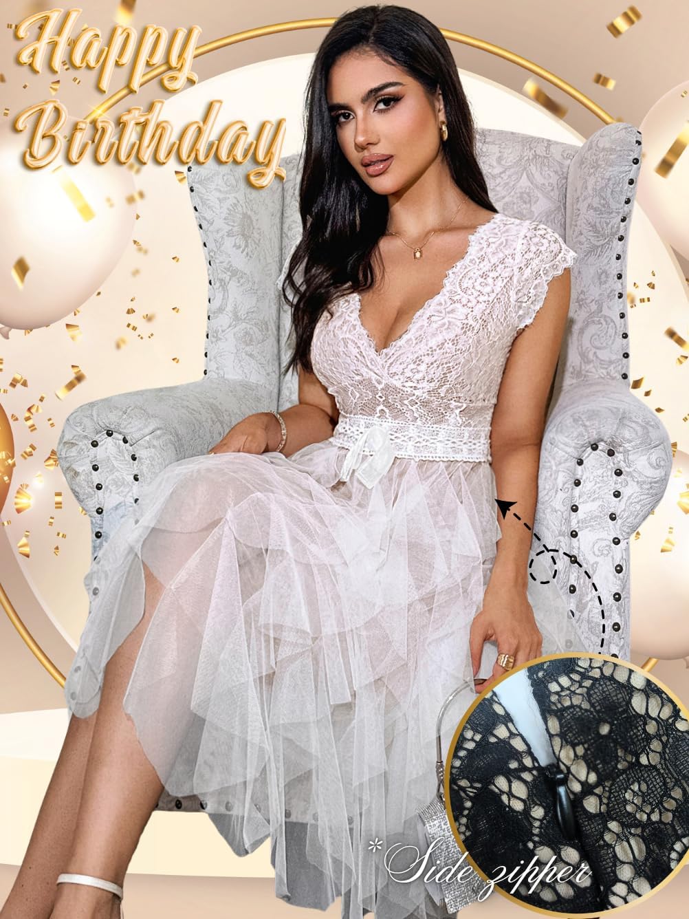 Lace Tulle Dress,Backless Deep V Short Formal Dresses for Women,Cocktail Party Wedding Guest Outfits - Image 4