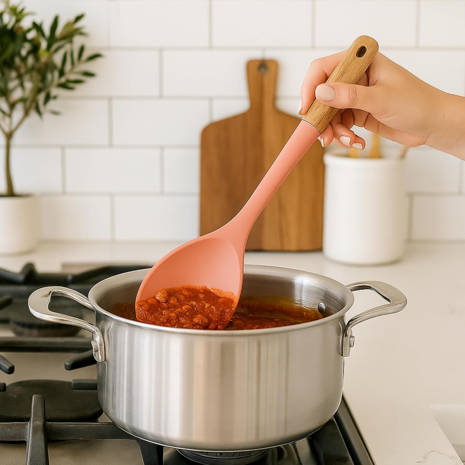 Beille 5pc Beech Wood and Silicone Kitchen Utensils Set Meal Prep Cooking Baking Supplies Home Essentials, Coral Peach