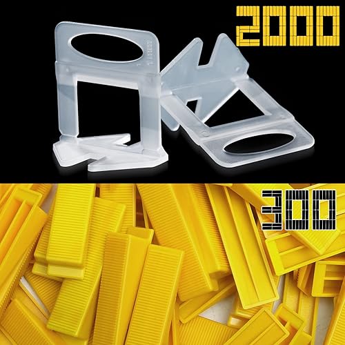 Clips para sistema de nivelación de azulejos de 132 pulgadas, 2000 piezas de clips espaciadores de azulejos y 300 piezas de cuñas amarillas