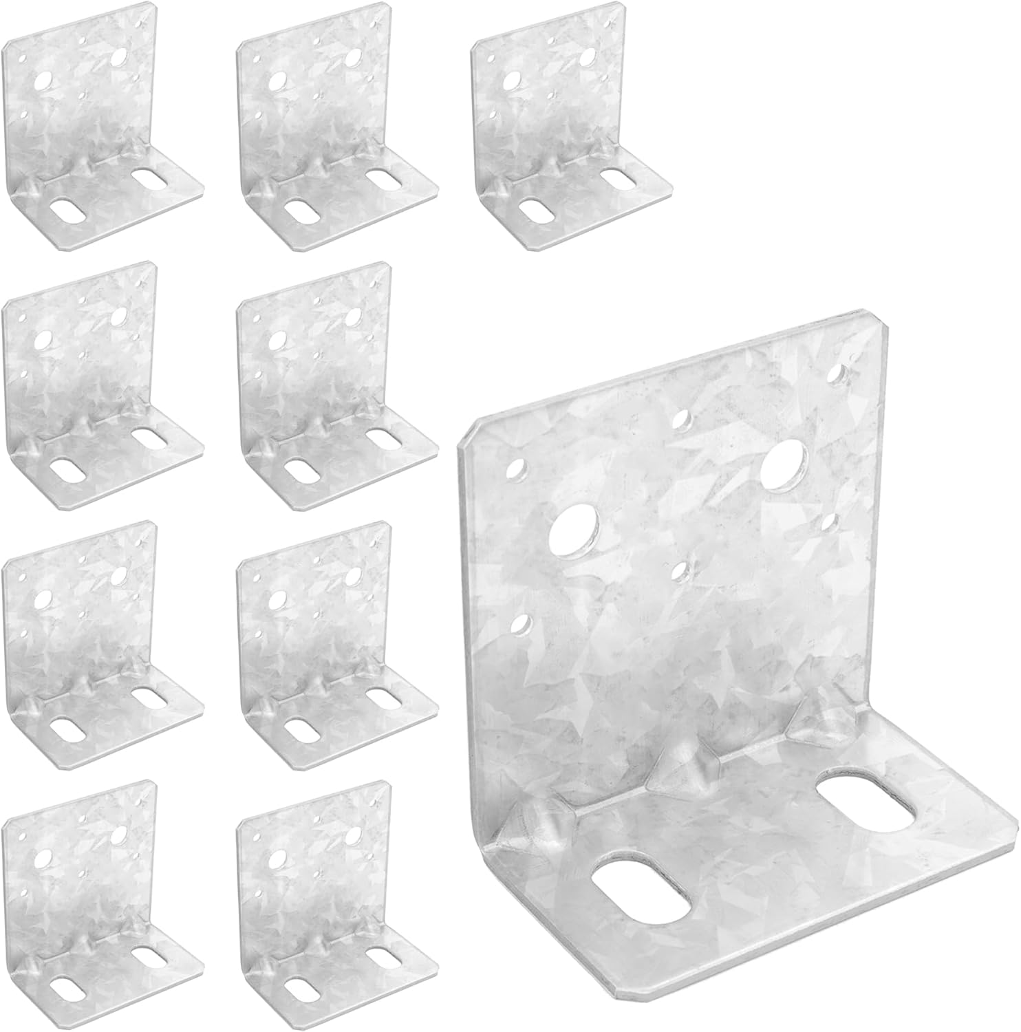 10 Pcs 6x6 Post Base Bracket with Reinforcement Ribs, L Right Angle Brackets with 2 Oval Holes, High-Strength Hot-Dip Galvanized Steel, for Wood Post to Deck or Concrete Ground Connection, 11 Gauge