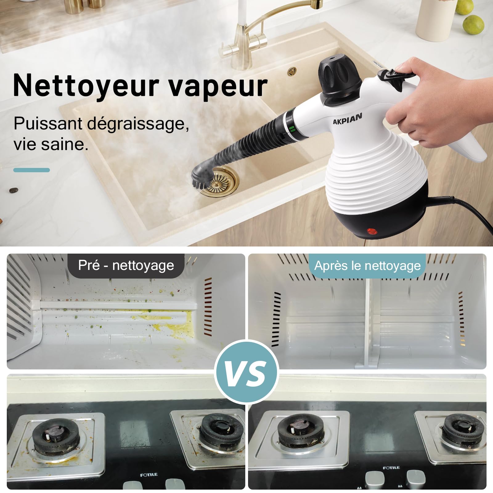 Nettoyeur vapeur manuel 1050 W – Nettoyeur vapeur multifonction avec kit d'accessoires de 10 pièces – Nettoyage sans produits chimiques pour joints de carrelage, cuisinière de cuisine, fenêtre