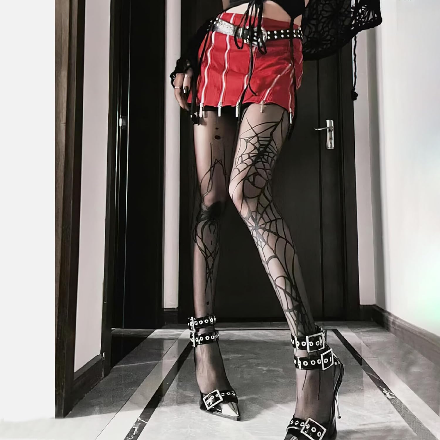 Spider Web Stockings Gothic Black Sexy Lace Tights Y2k Sheer Pantyhose for Women Halloween Cosplay Costume