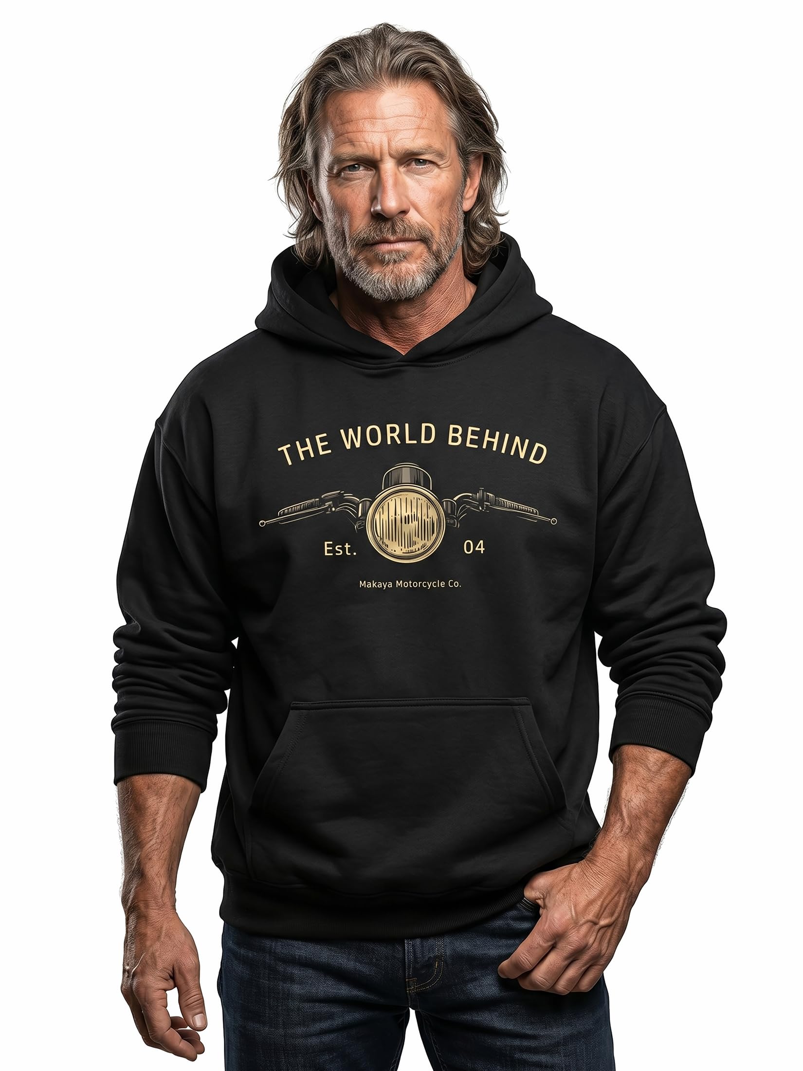 MAKAYA bluza z kapturem męska motocyklowa biker styl cafe racer hoodie z nadrukiem