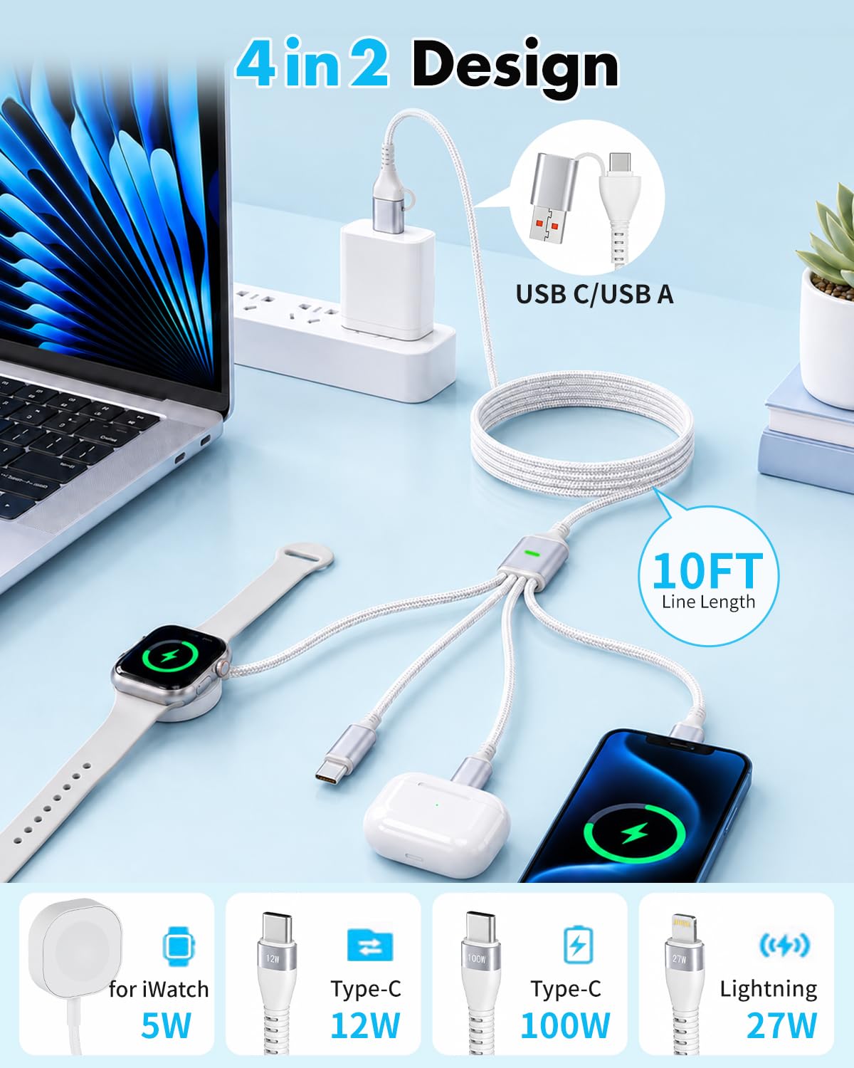 Travel Essentials - Cable de carga múltiple 4 en 2 para Apple Watch, 10