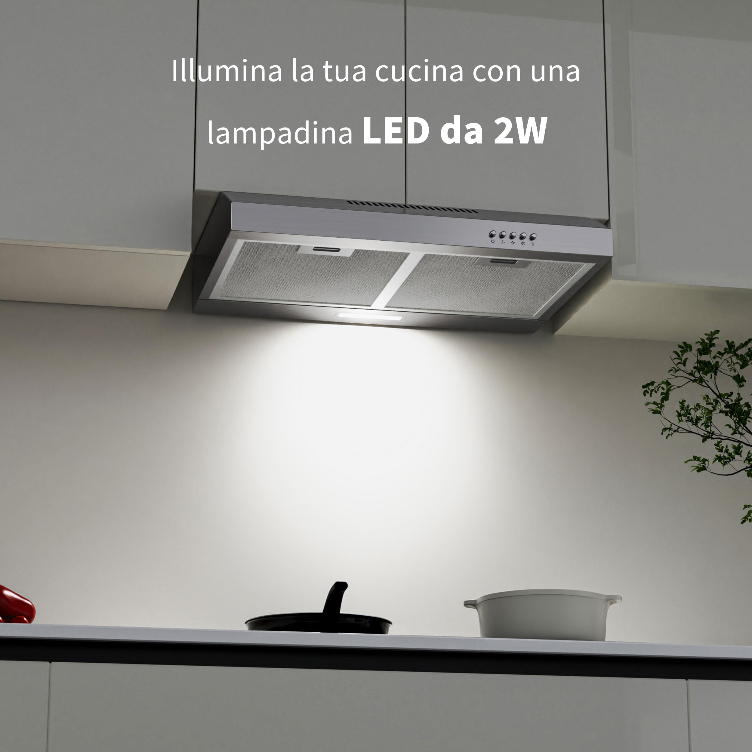 FIREGAS A+, cappa aspirante, 60 cm, ricircolo e scarico, 3 livelli di potenza, filtro al carbone incluso, silenzioso e a risparmio energetico, illuminazione a LED, acciaio inox