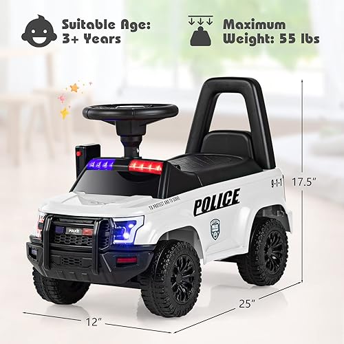 Miniatura 7 de OLAKIDS Ride On - Auto de policía de empuje para niños pequeños con volante megáfono bocina faros almacenamiento debajo del asiento regalo para