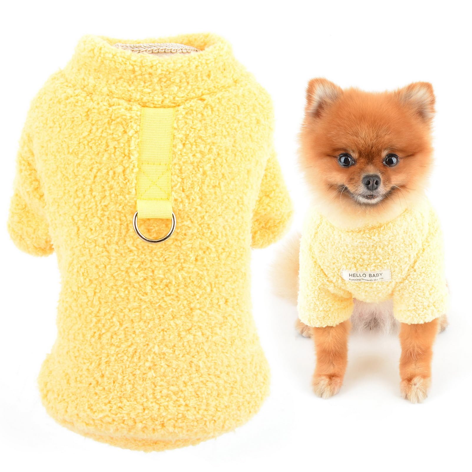 SMALLLEE_LUCKY_STORE Dog Fleece Jumpers for Small Dogs, Solid Pet Pullover Sweatshirt with Letter Patch and D-ring, Puppy Outfits Yorkie Chihuahua Warm Sweater Winter Fall Clothes, Yellow, S