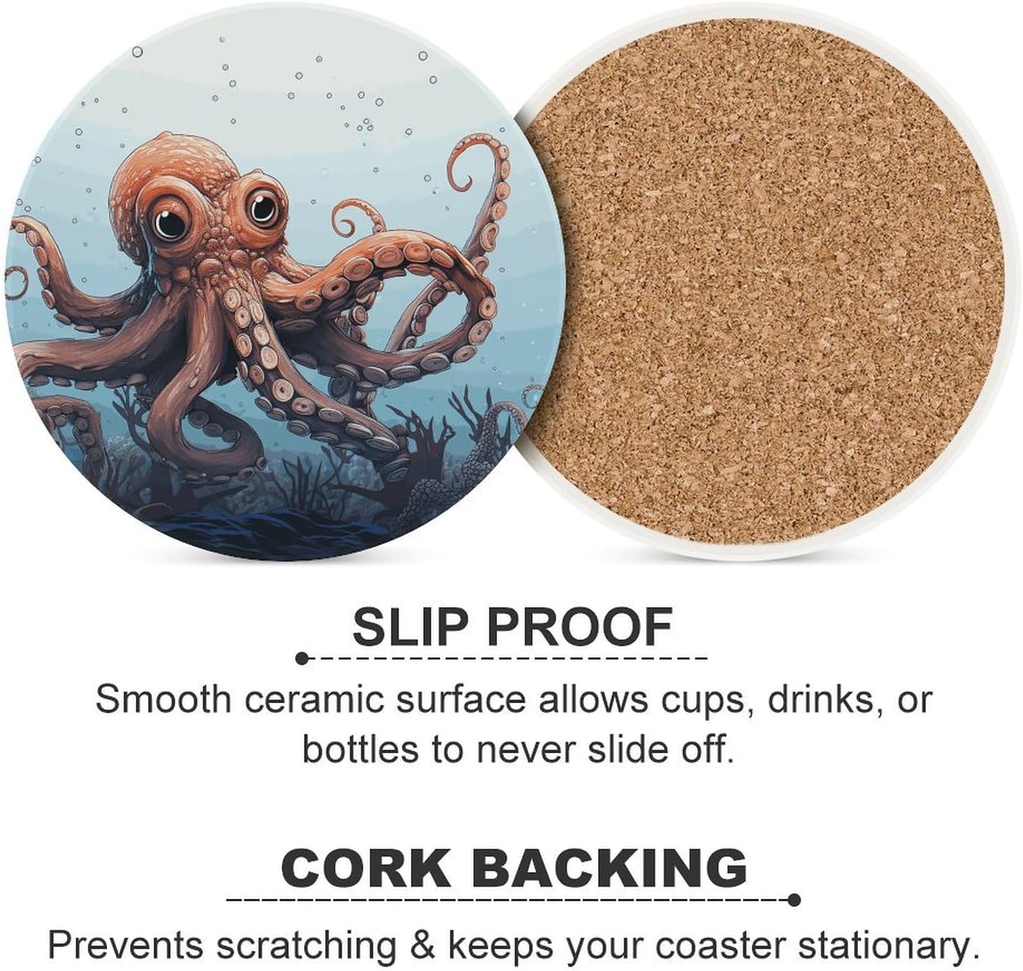 Octopus in The Sea Coasters Round Coasters Set Ceramic Stone Coaster with Cork Base Coffee Cup Beverage Cup Mat Cute Funny Table Drinks Coaster for Mugs and Cups Office Kitchen