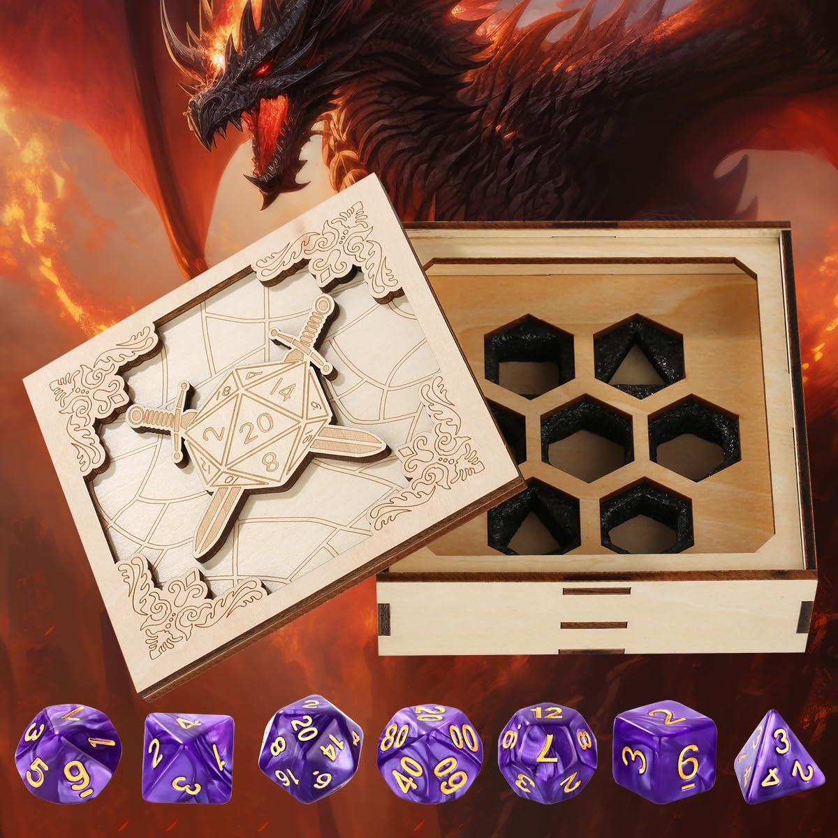 Ensemble Dés & Épée D&D - 7 Dés Polyédriques Violets, Boîte Rangement Épée Bois Dragon, Coffret Cadeau Jeux De Rôle