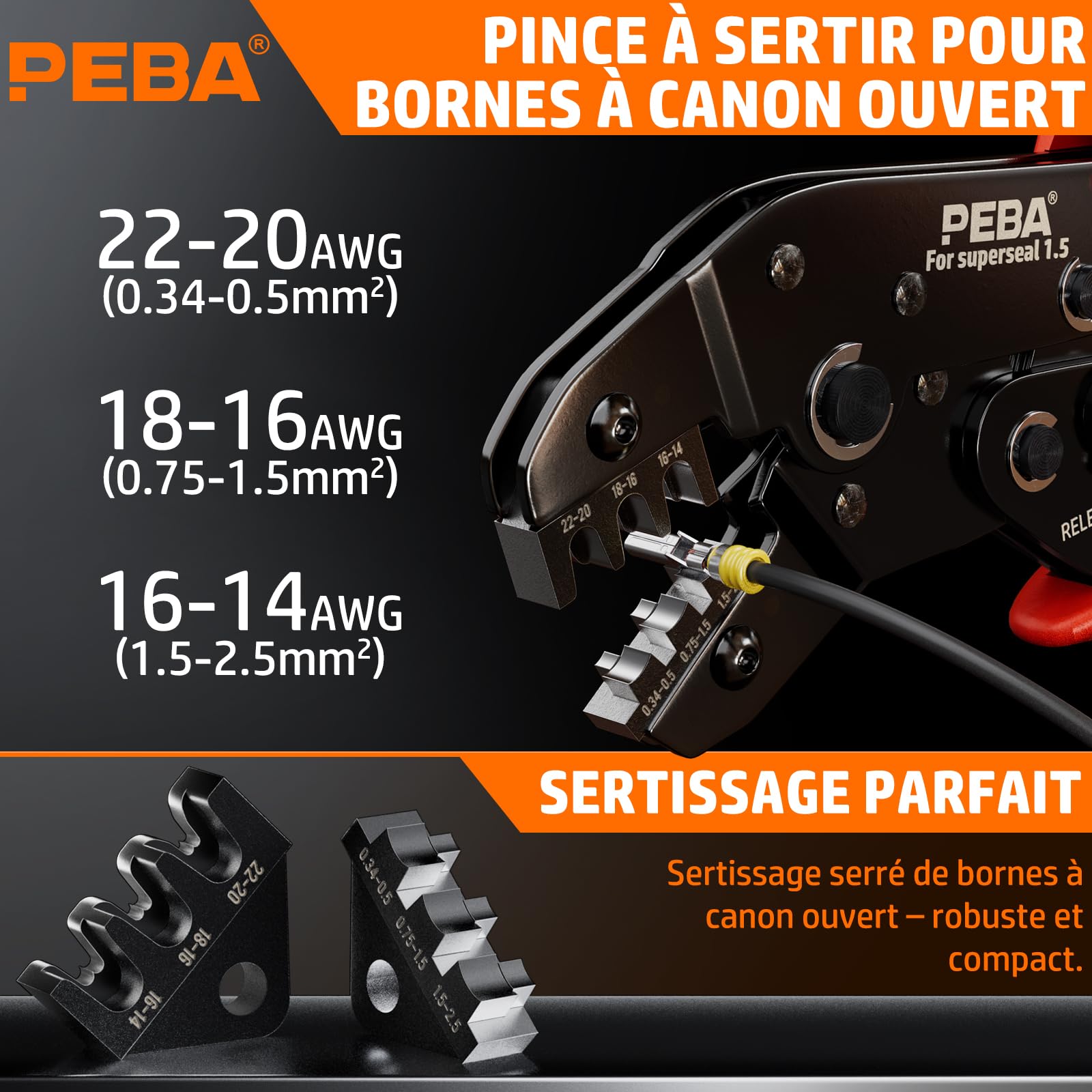 PEBA Kit de Pince à Sertir Étanche pour Connecteurs de Voiture | Convient pour câbles de 0,34 à 2,5 mm² | Avec connecteurs 1-6 pôles, pince à dénuder et outil de traction, pour voitures, motos, etc
