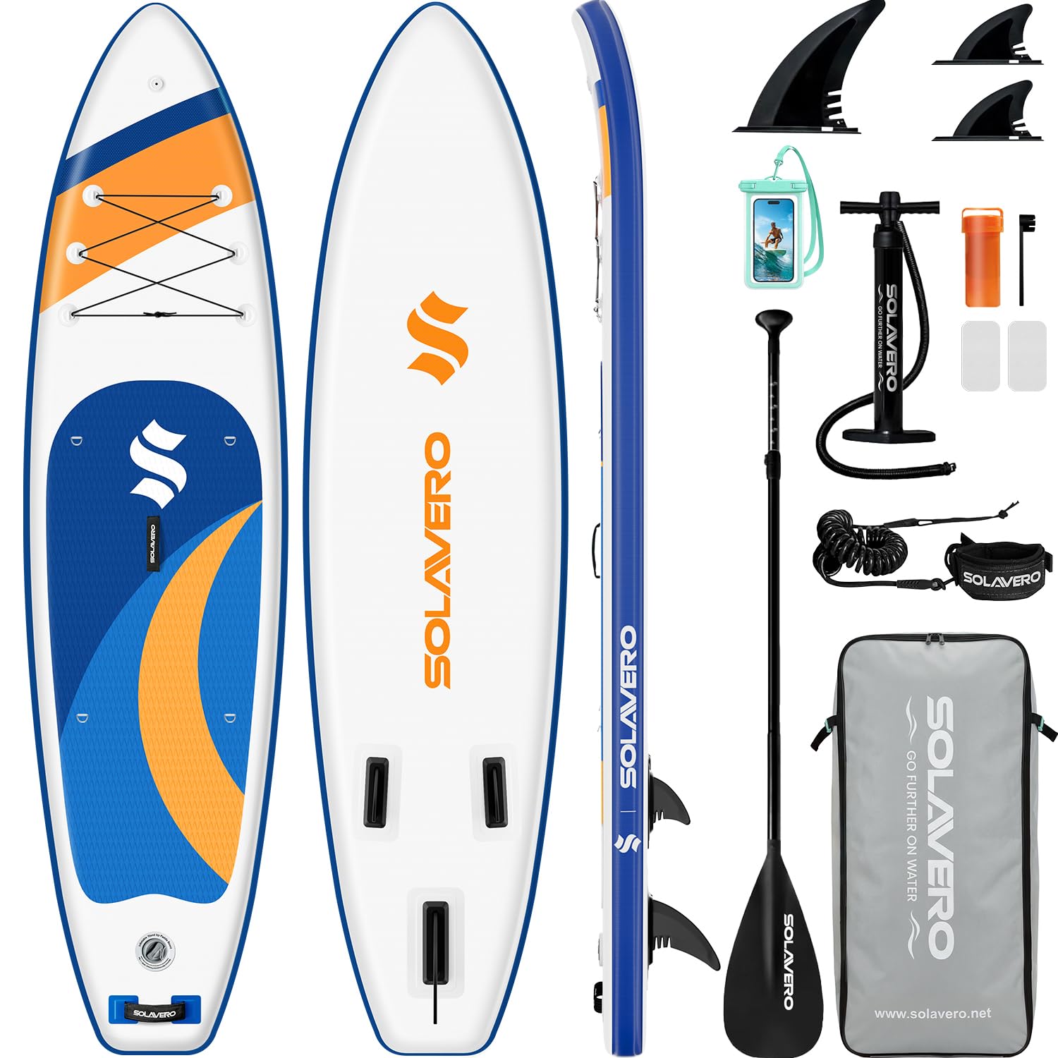 SOLAVERO 11'Inflatable Stand Up Paddle Board Kit, Premium Paddleboard for Adults & Youth, Ultra-Light SUP Board with All Accessories for All Skill Levels, Stable iSUP for 2 People, Maximum Load 200 kg