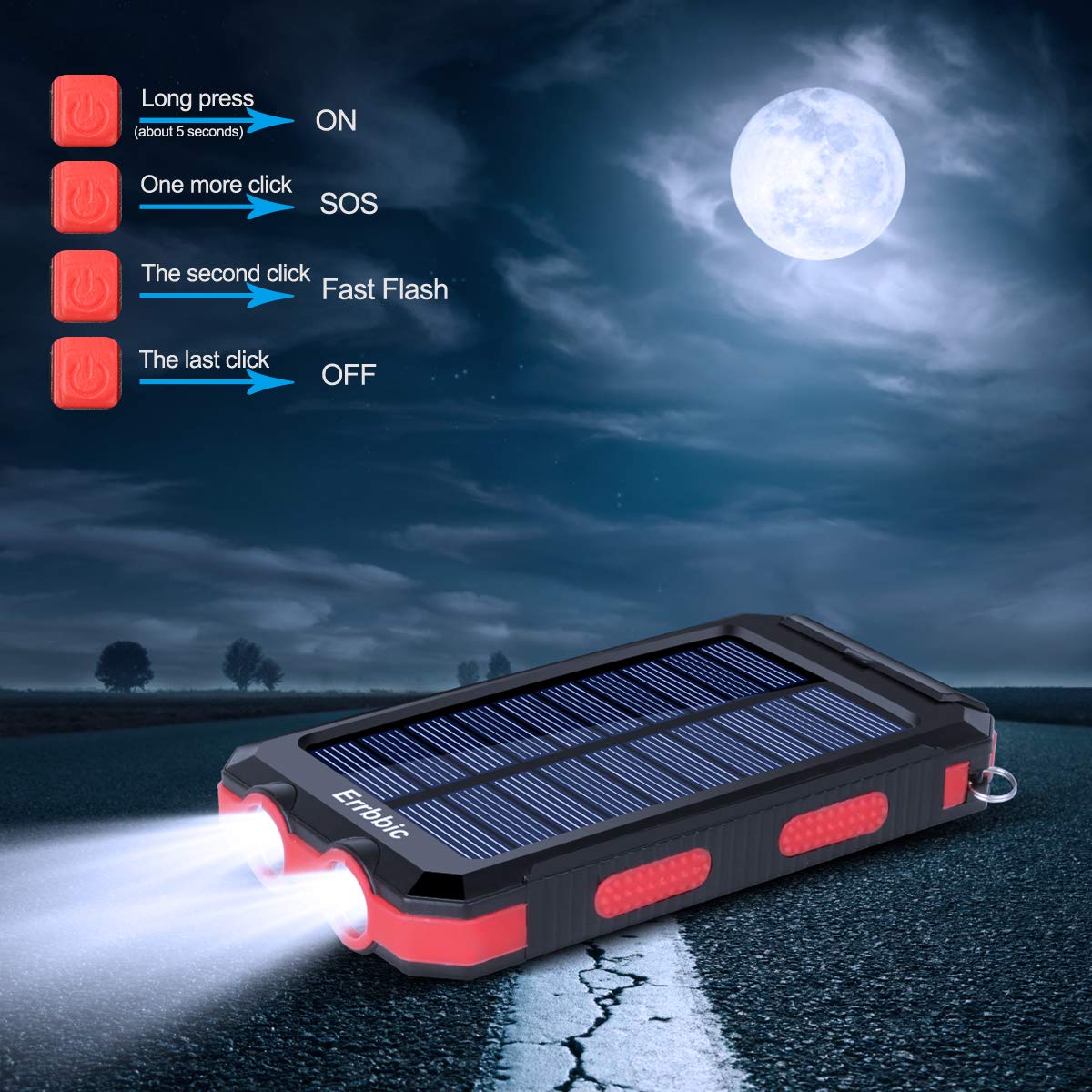 ERRBBIC Solar Charger 20000mAh Portable Solar Power Bank Waterproof