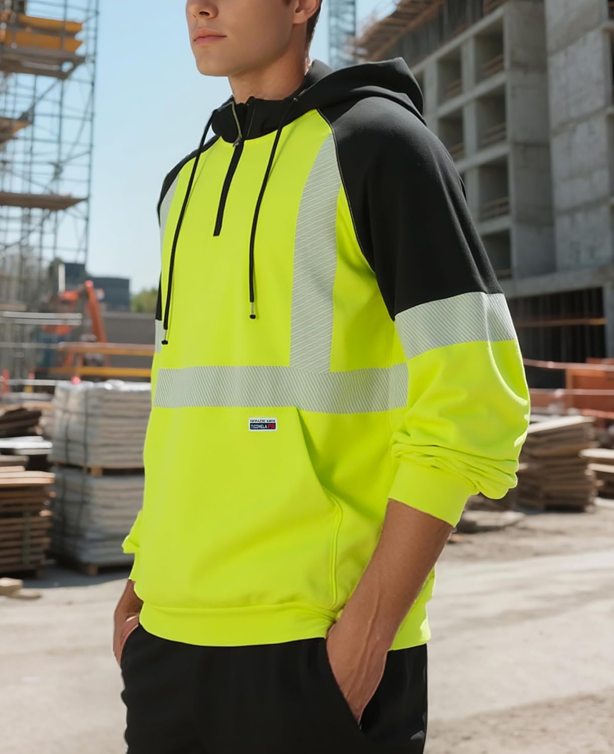 TICOMELA FR Reflective Hoodie for Men,Flame Resistant 7.5oz Lightweight Cotton Sweatshirt–High Visibility Non-Fleece Workwear - Image 2
