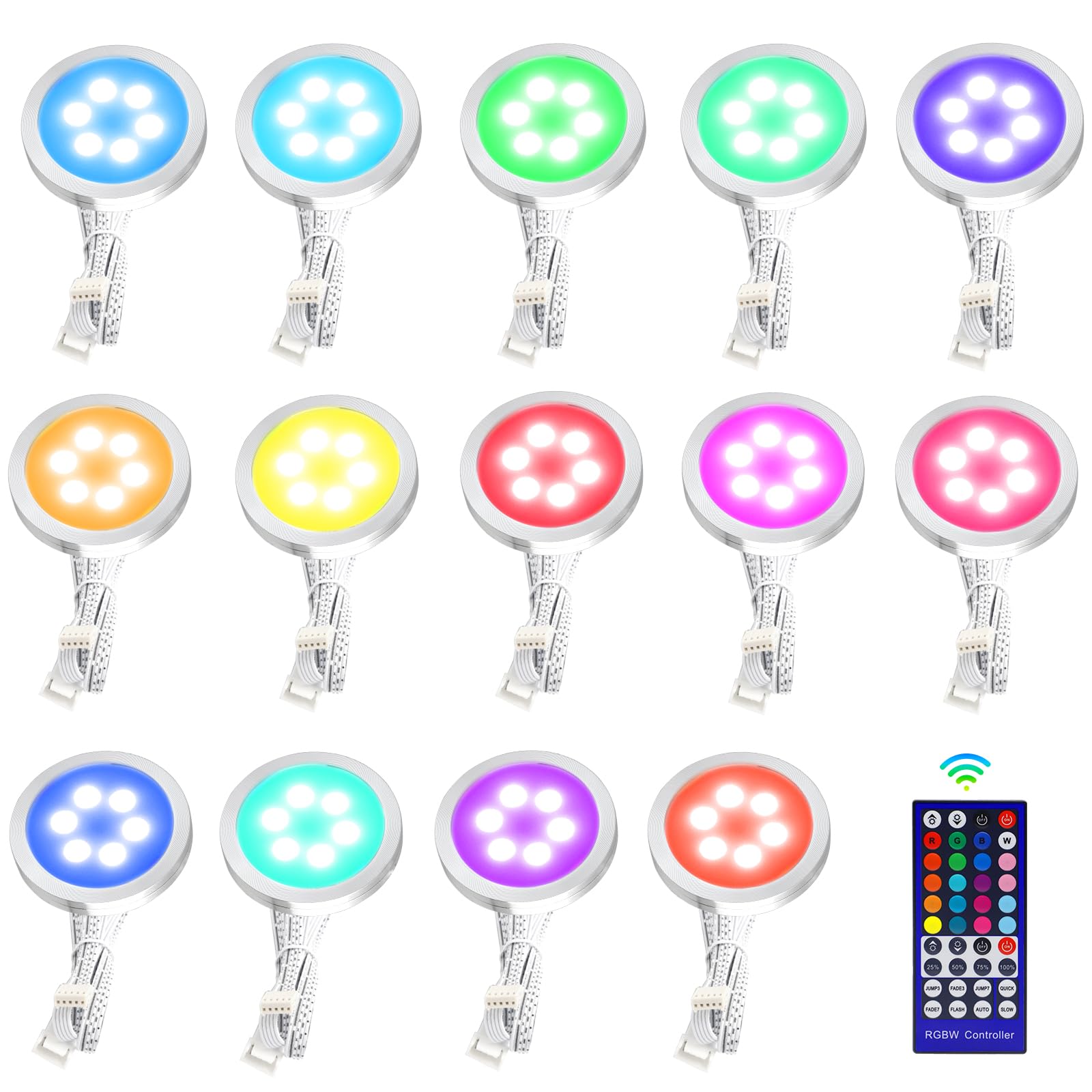 AXMVEZ RGB+Warm White Color Changing Under Cabinet Lighting Kit,Under Cabinet LED Closet Lights Puck Light with IR Remote,Dimmable Under Counter Lighting for Wardrobe Kitchen Hard Wired 14 Lights