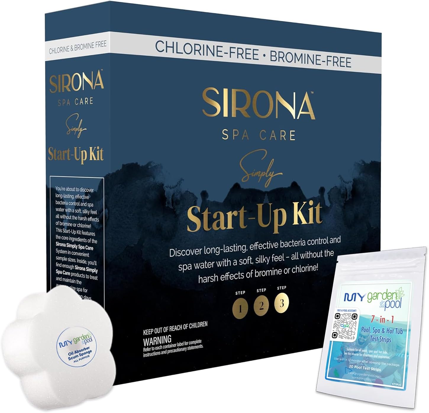 Sirona Simply Spa Start-Up Kit – 82121 – Complete Chlorine-Free Biguanide Spa Start-Up Kit – Includes My Garden Pool Scum Sponge, 7-in-1 Test Strip & Pool-IQ AI Assistant