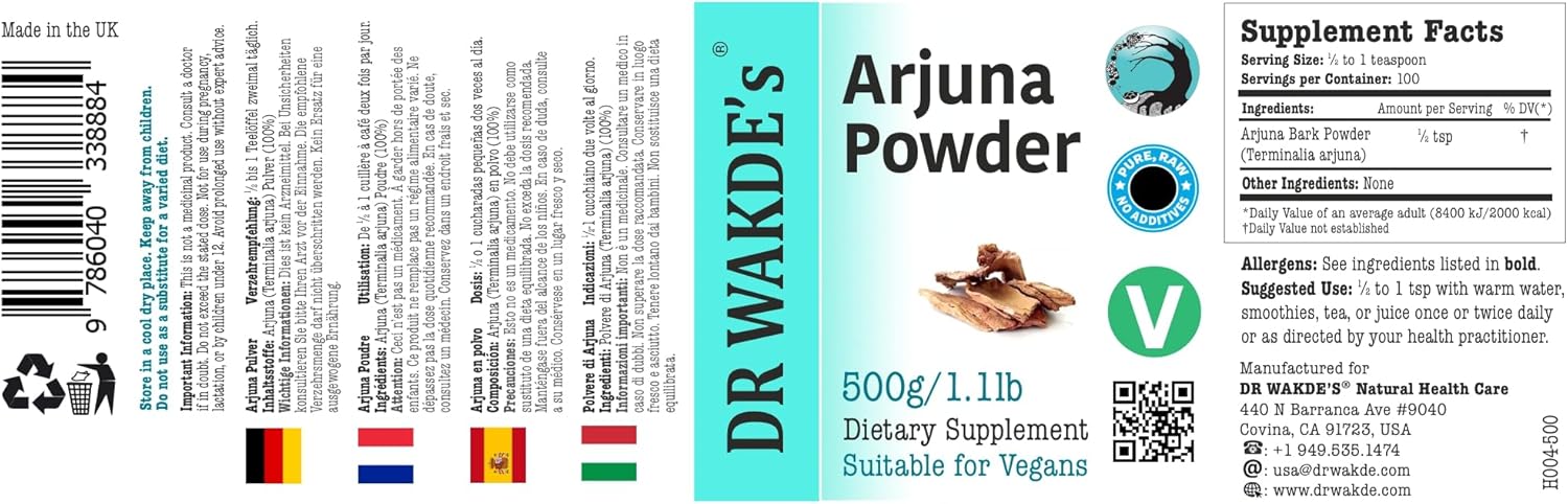 DR WAKDE'S Arjuna Bark Powder (Terminalia arjuna) - 1Kg (2.2lb) | Pure, Raw & Dried Powder | Natural Aroma and Freshness | Fine Powder | Vegan | Premium Grade | Nothing Added, Nothing Removed