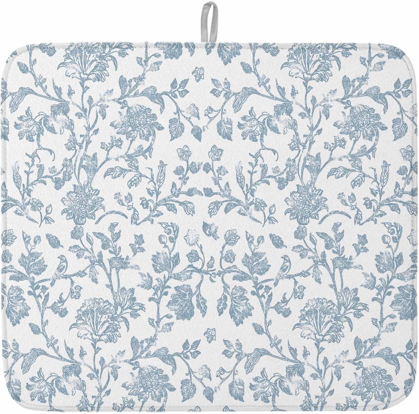 Dish Drying Mat Set of 2 Vintage Flowers Leaves Microfiber Absorbent Reusable Washable Dish Drying Rack Mat Spring Blue Pastoral Coffee Mat for Coffee Maker Bar Kitchen Countertops 16x18inch