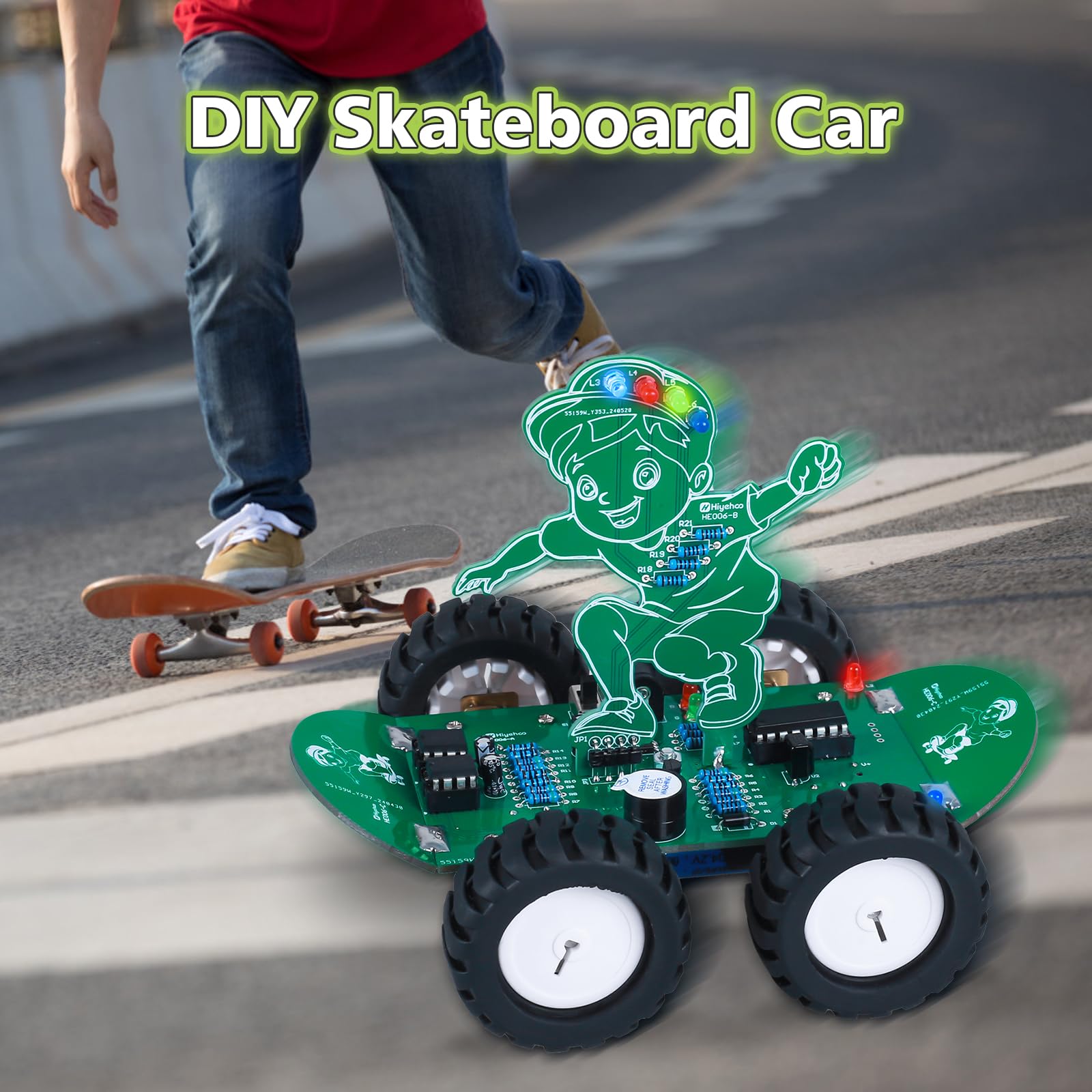 MiOYOOW DIY 360deg Rotating RC Car Kit, 5 Speed Rechargeable Remote Control Soldering Practice Kit, STEM Electronic Learning Projects Outdoor Skateboard Smart Car Toy for 15+ Years Old Presents - Image 3