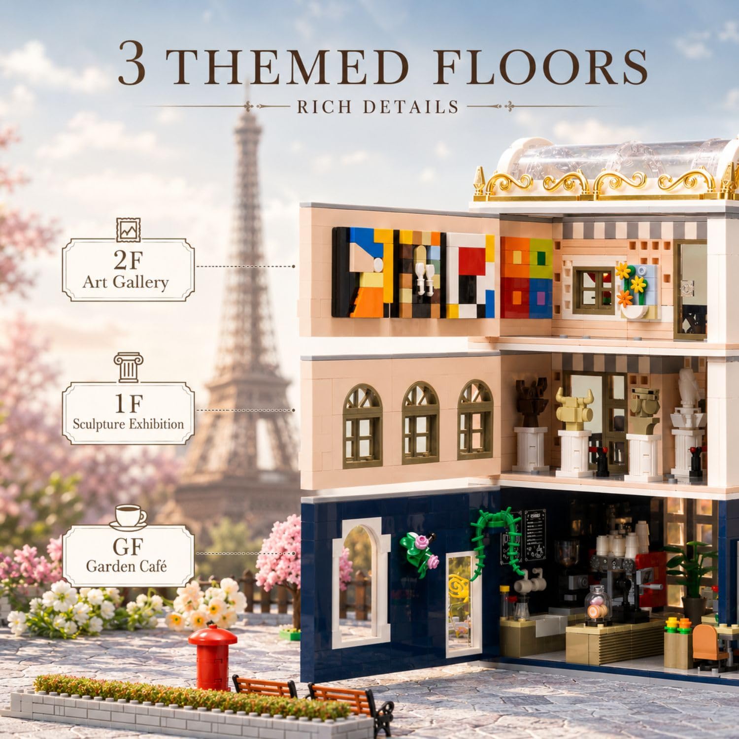 PANTASY Blossom Café Modular Building Set, 3-piętrowa europejska oranżeria z kawiarnią, galerią sztuki i kwiatowym atrium, kolekcjonerski zestaw architektoniczny dla dorosłych kreatywne klocki