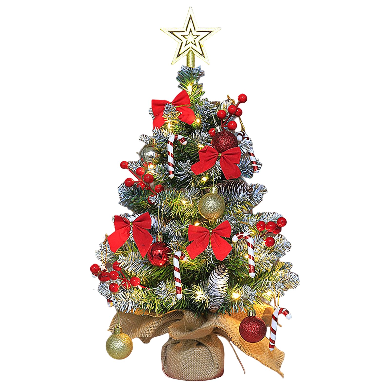 Mini Albero di Natale Artificiale,60cm Albero di Natale Decorato Artificialmente con illuminazione a LED,Fogliame Folto e Realistico In PVC,Base In Juta,per Feste,Festival,Tavoli da Pranzo