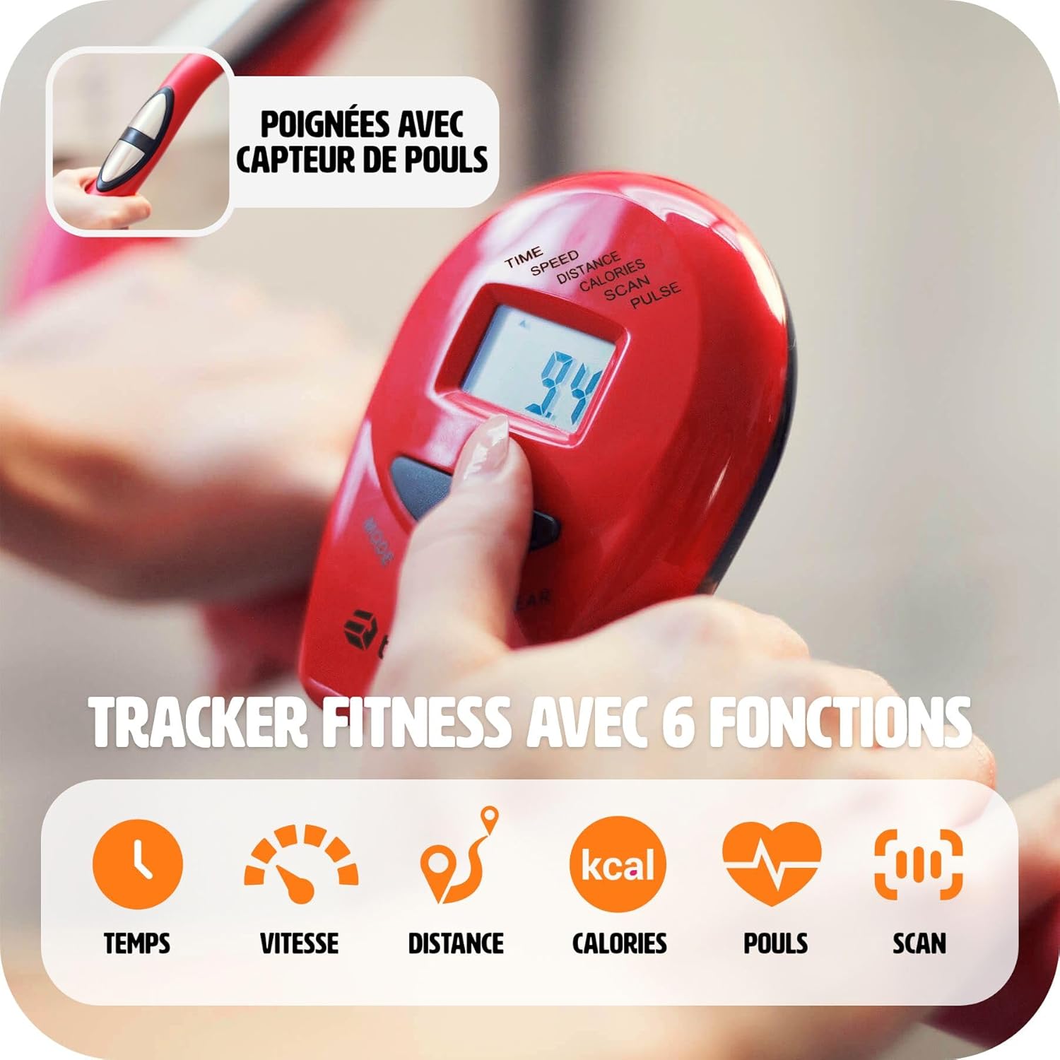 Close-up of the LCD training computer displaying various fitness metrics