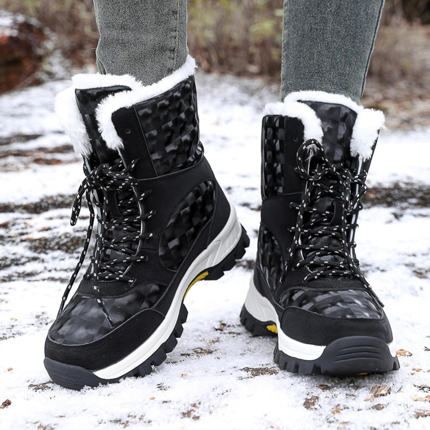 Women’s Winter Waterproof Cold Lace-Up Snow Boots Outdoor Thickened Warm Fully Fur Lining Mid-Calf Boots with Reflective Bright Surface Anti-Slip