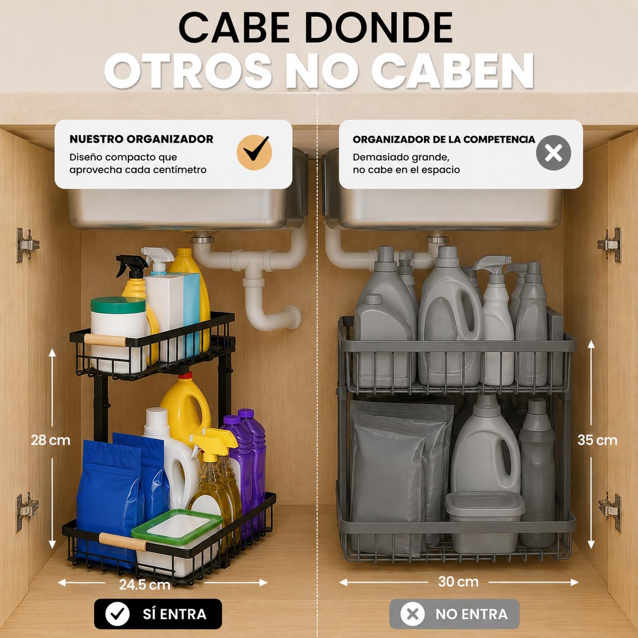 Confezione da 2 organizer sotto lavello compatto regolabile (28-42 cm) con 2 panni in microfibra, scaffale metallico per cucina e bagno, design speciale per sifone e tubi a U, colore nero