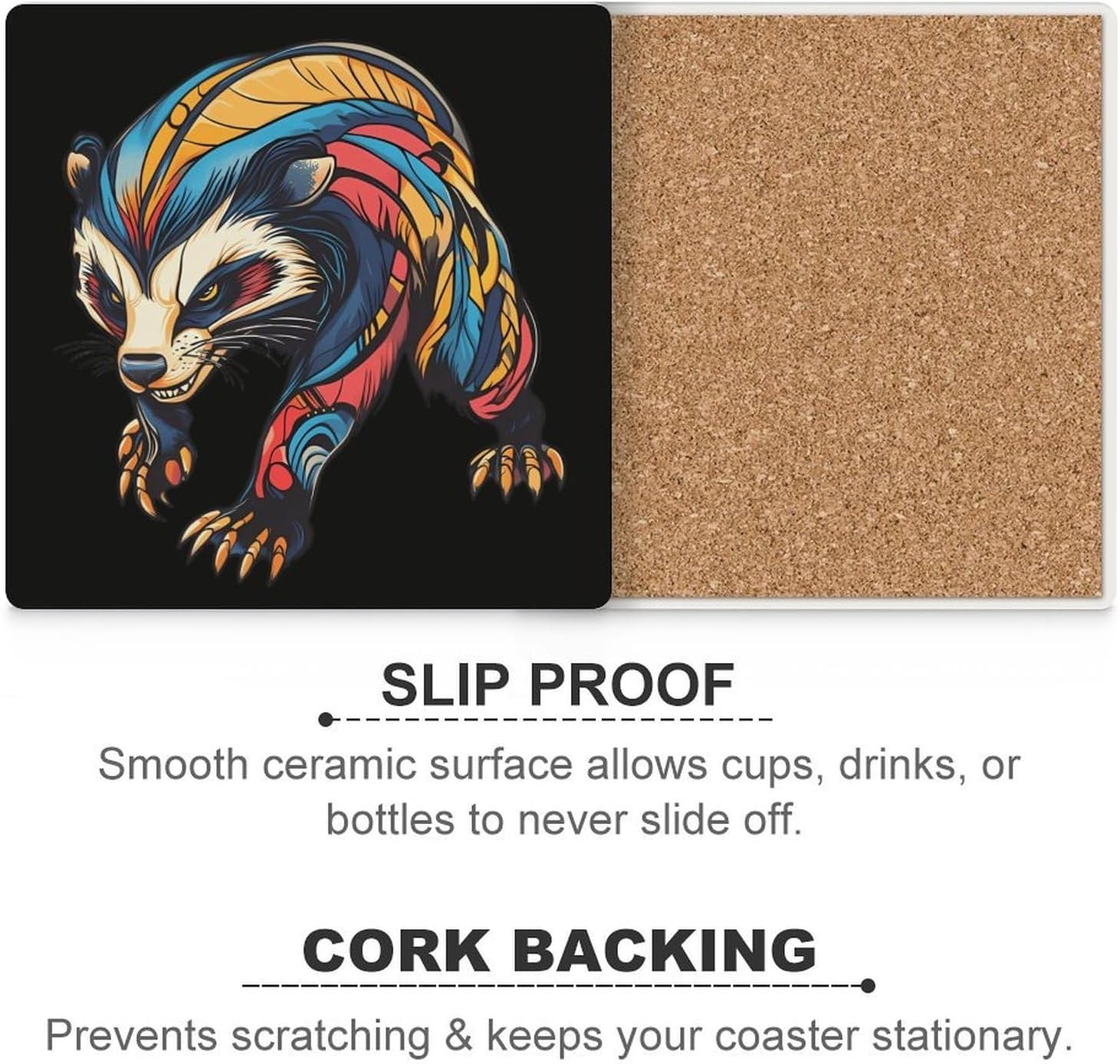 Colorful Aggressive Badger Funny Ceramic Coasters for Drinks Absorbent Cup Holder Tabletop Protector with Cork Base