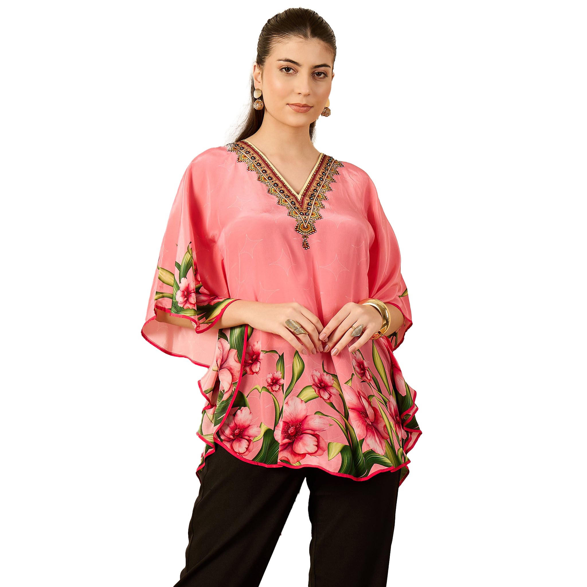 Pink Floral Printed Tunic in Viscose Crepe for Women by Ramola Bachchan-image-24