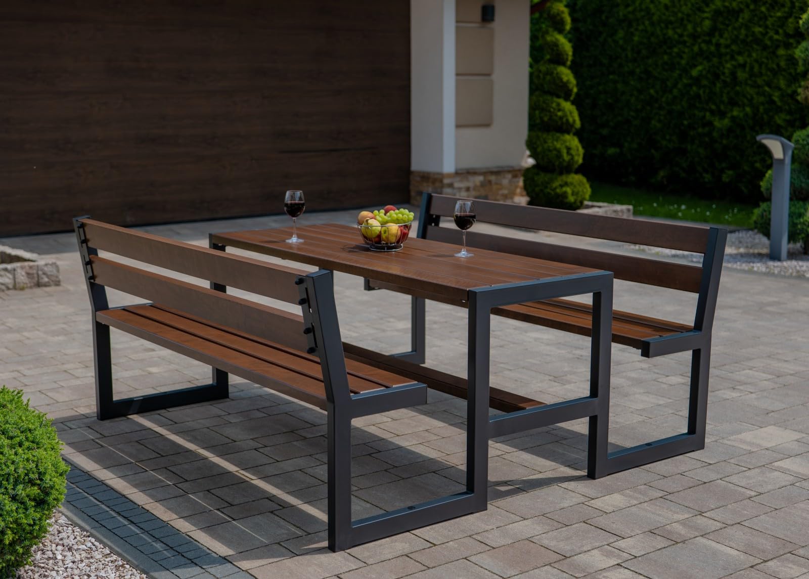 Rattanland® Gartenbank mit Tisch, Gartentisch mit Zwei Gartenbänken, Gartenmöbel Set Holz, Biertischgarnitur, Sitzgruppe Garten, Picknicktisch, Bierbank, Sitzgruppe Outdoor (Nuss)