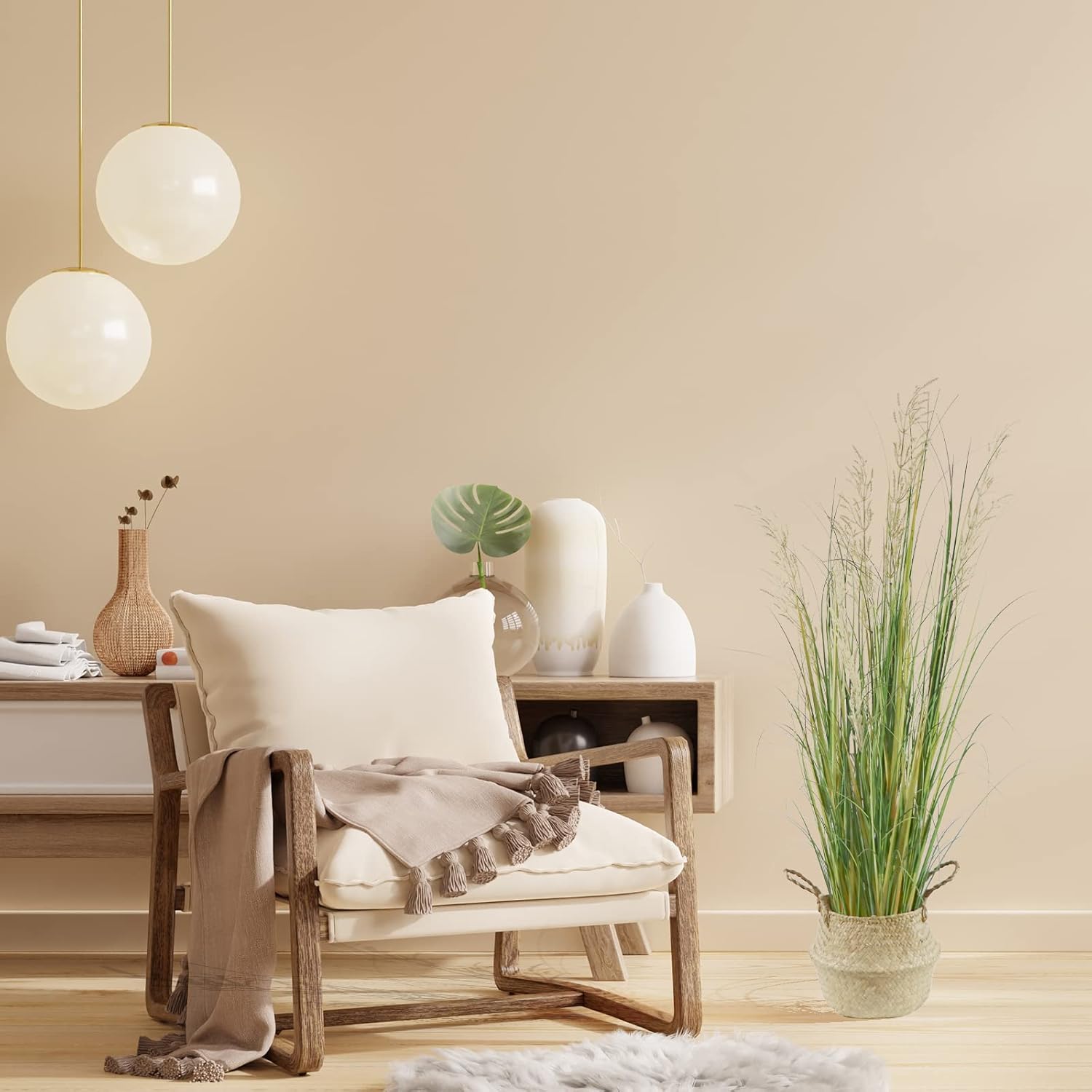 4ft(47in) Tall Artificial Grass Plant with White Reed Flowers in Pot, Faux Indoor Home Decorative Plants for House - Image 4