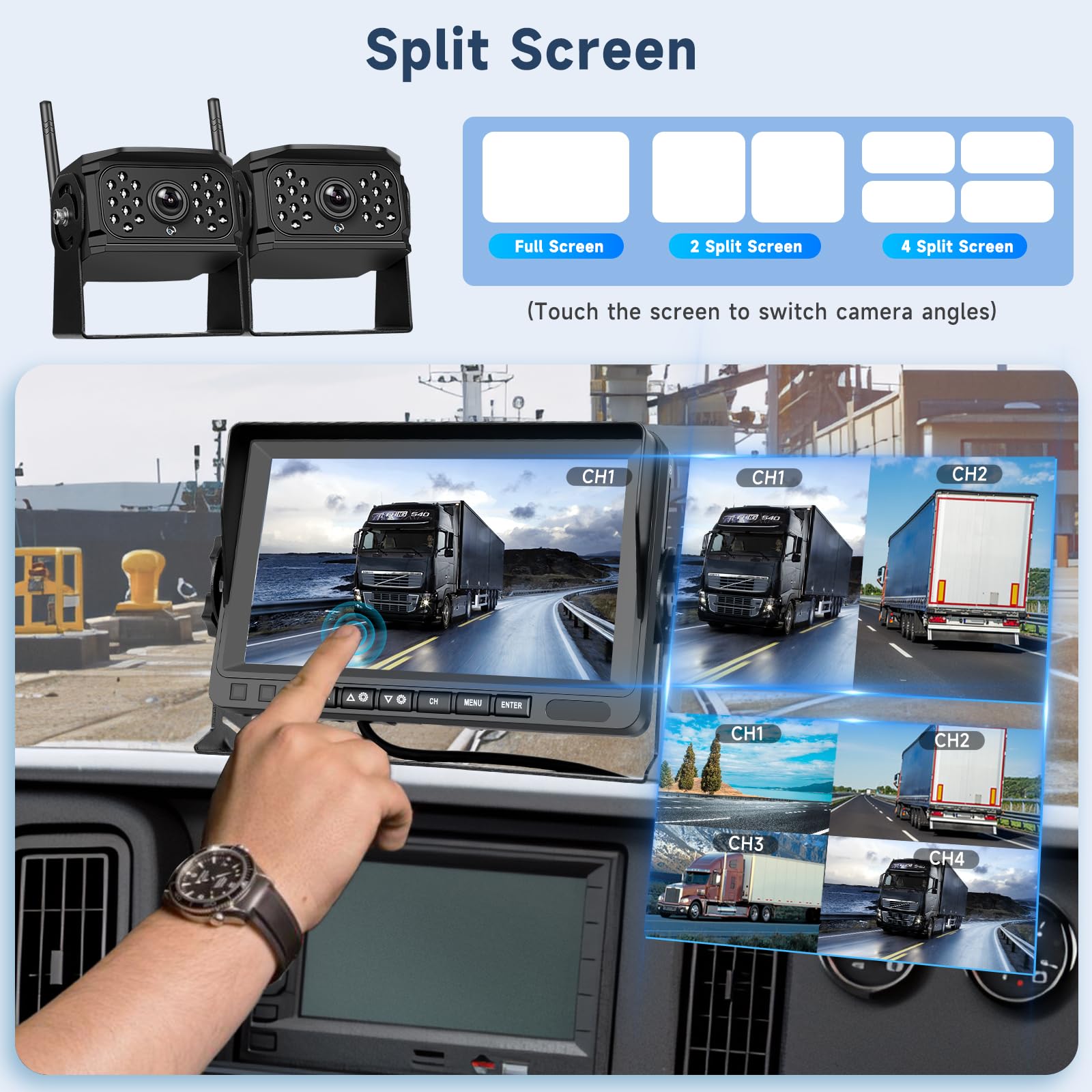Hodozzy Rückfahrkamera-Set 2 Kameras Digital Kabellos 7 Zoll IPS Bildschirm Monitor Wasserdicht IR LED Nachtsicht Dual Rückfahrkamera Funk Unterstützung Loop Aufnahme 12V-36V für LKW/Wohnmobil/Auto