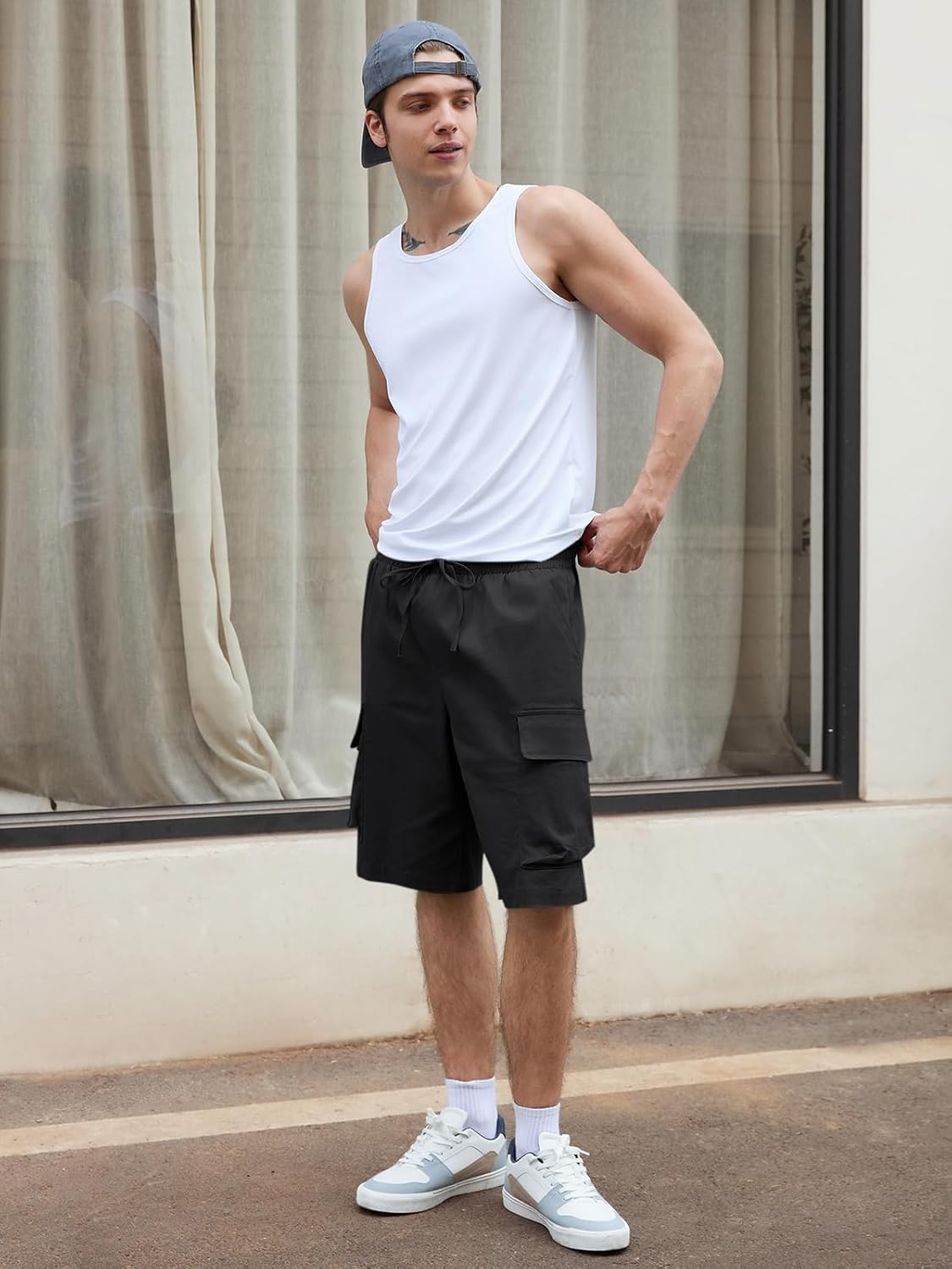 Runcati Mens Cargo Shorts Chino Cotton Drawstring Casual Shorts Summer Twill Outdoor Short Pants