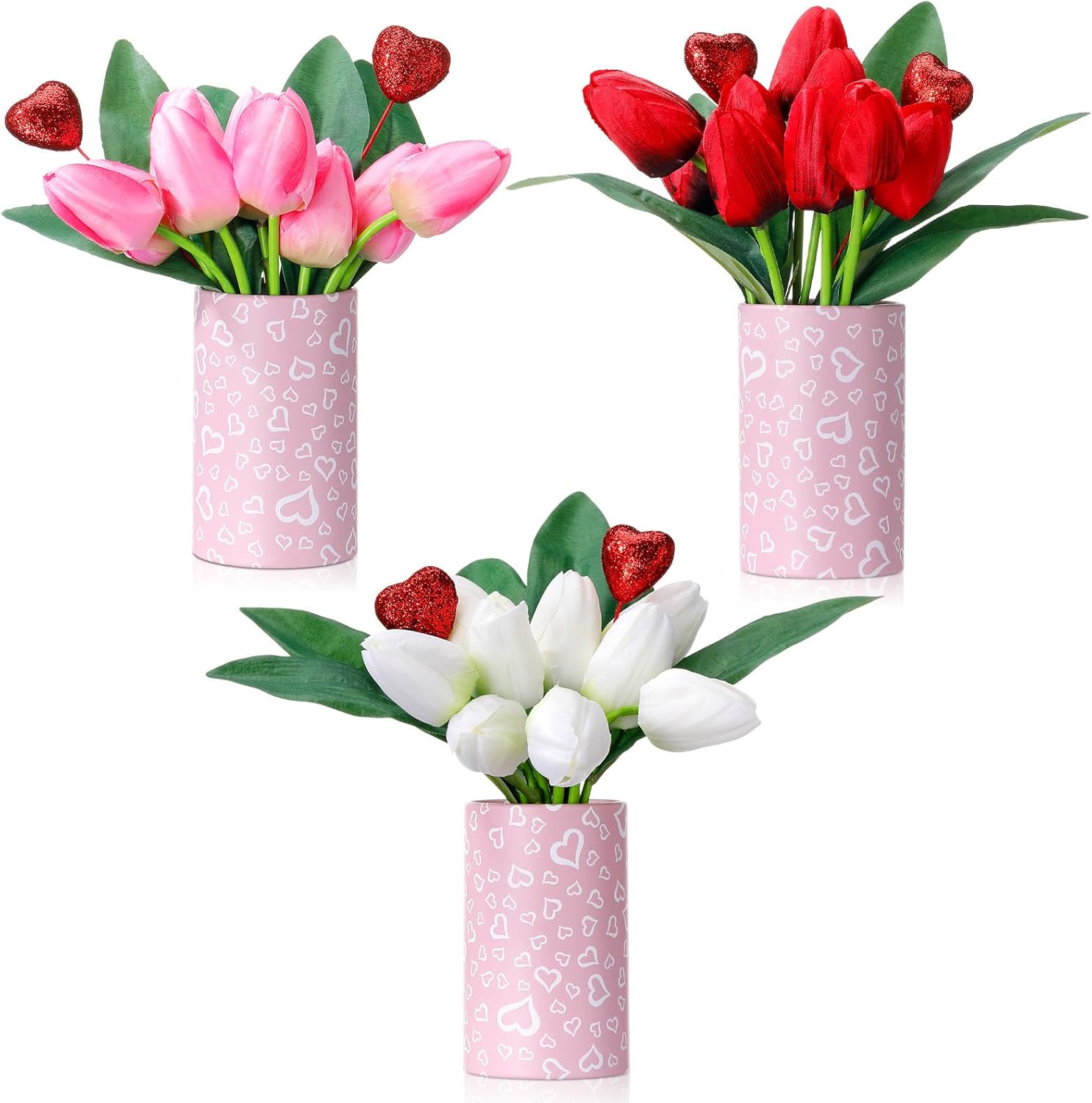 Suncalla 3 Set Mother's Day Table Centerpieces Vintage Artificial Tulips Flower Bouquet with Paper Bucket & Glitter Foam Heart Picks for Wedding Dining Room Tiered Tray Party Decor