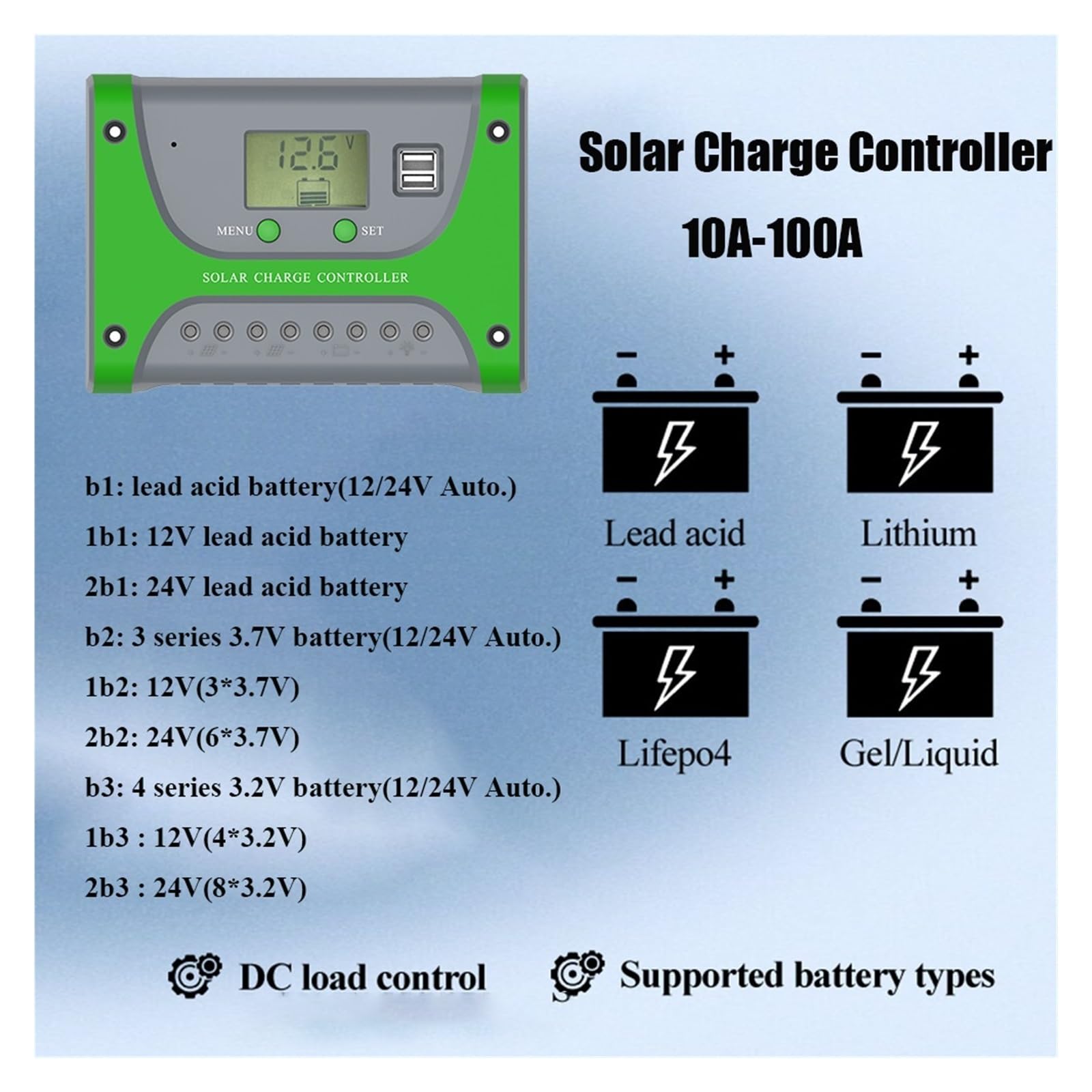 Controlador Solar De 10 A, 20 A, 30 A, 40 A, 50 A, 60 A, Controlador De Carga Solar PWM Fuera De La Red, Entrada Fotovoltaica Dual De 12/24/48 V Fácil Eficaz(10A 12/24V)