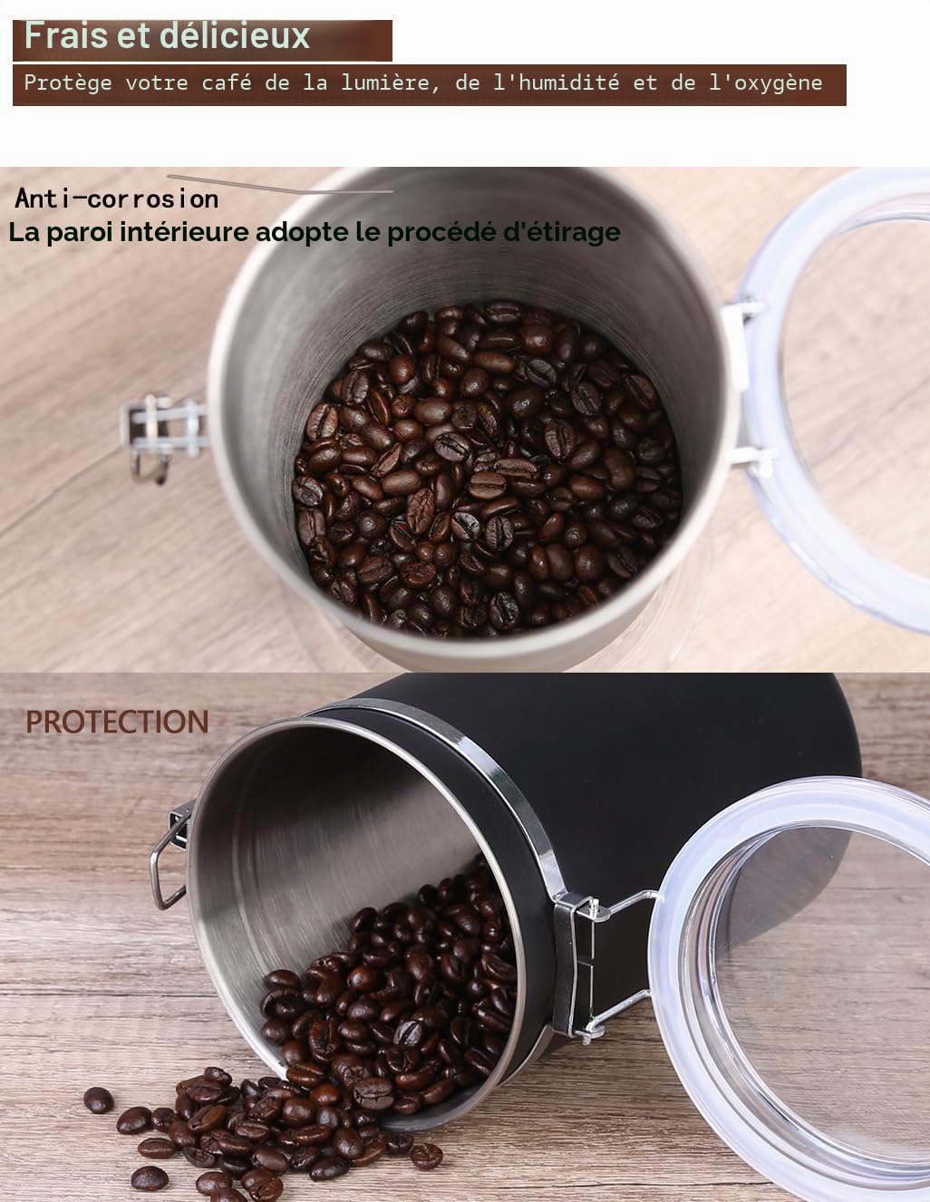 Walktosun Boîte à Café Hermétique, Conservation en Acier Inoxydable pour Grains de Café avec Couvercle Transparent Bocal Récipient Rangement Cuisine Alimentaires Stockage Thé (Lot de 2-1.8L - Noir)