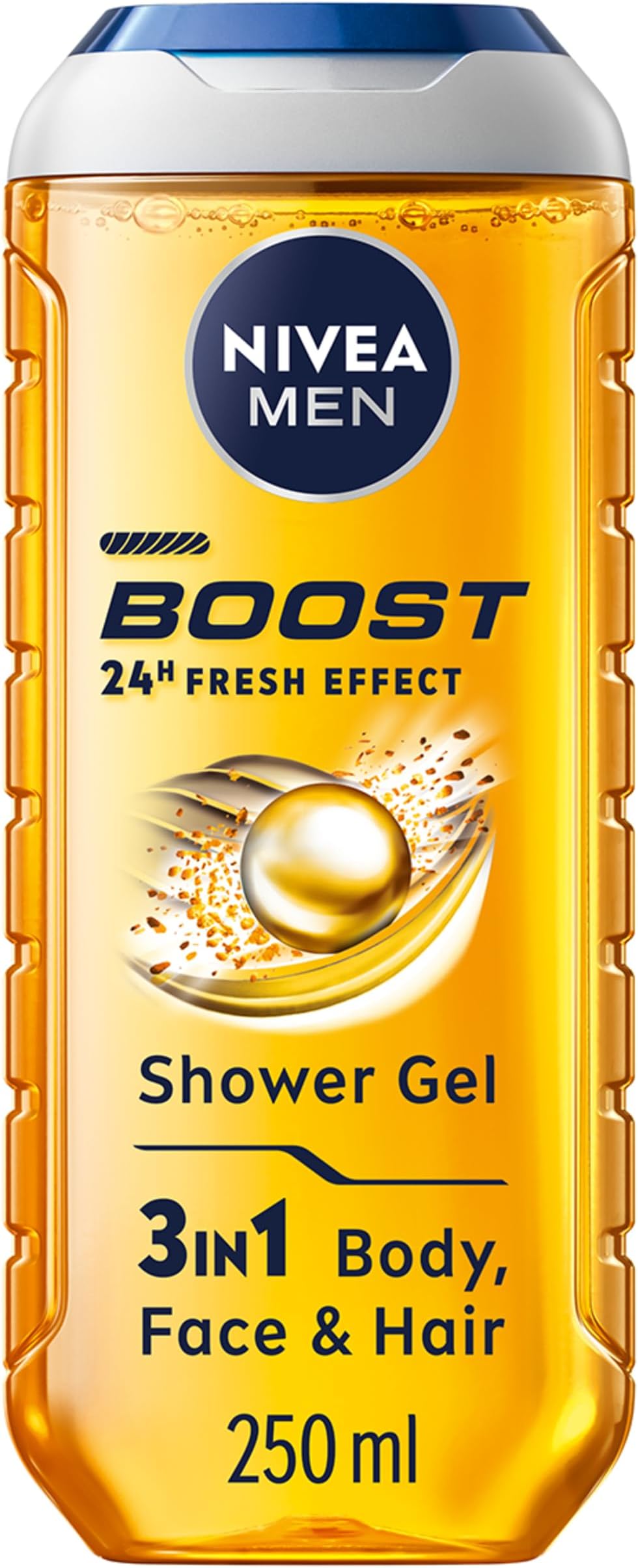 NIVEA MEN BOOST Shower Gel (250 ml), Moisturising 3-in-1 Body Wash for Men with Naturally Sourced Caffeine, Revitalising NIVEA MEN Shower Gel