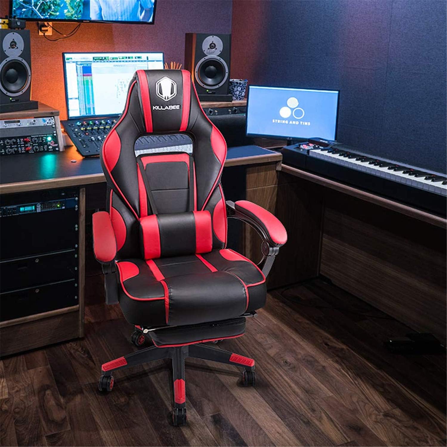 KILLABEE High Back PU Leather PC Racing Computer Desk Office Swivel Recliner with Retractable Footrest and Adjustable Lumbar Support, Red/Black
