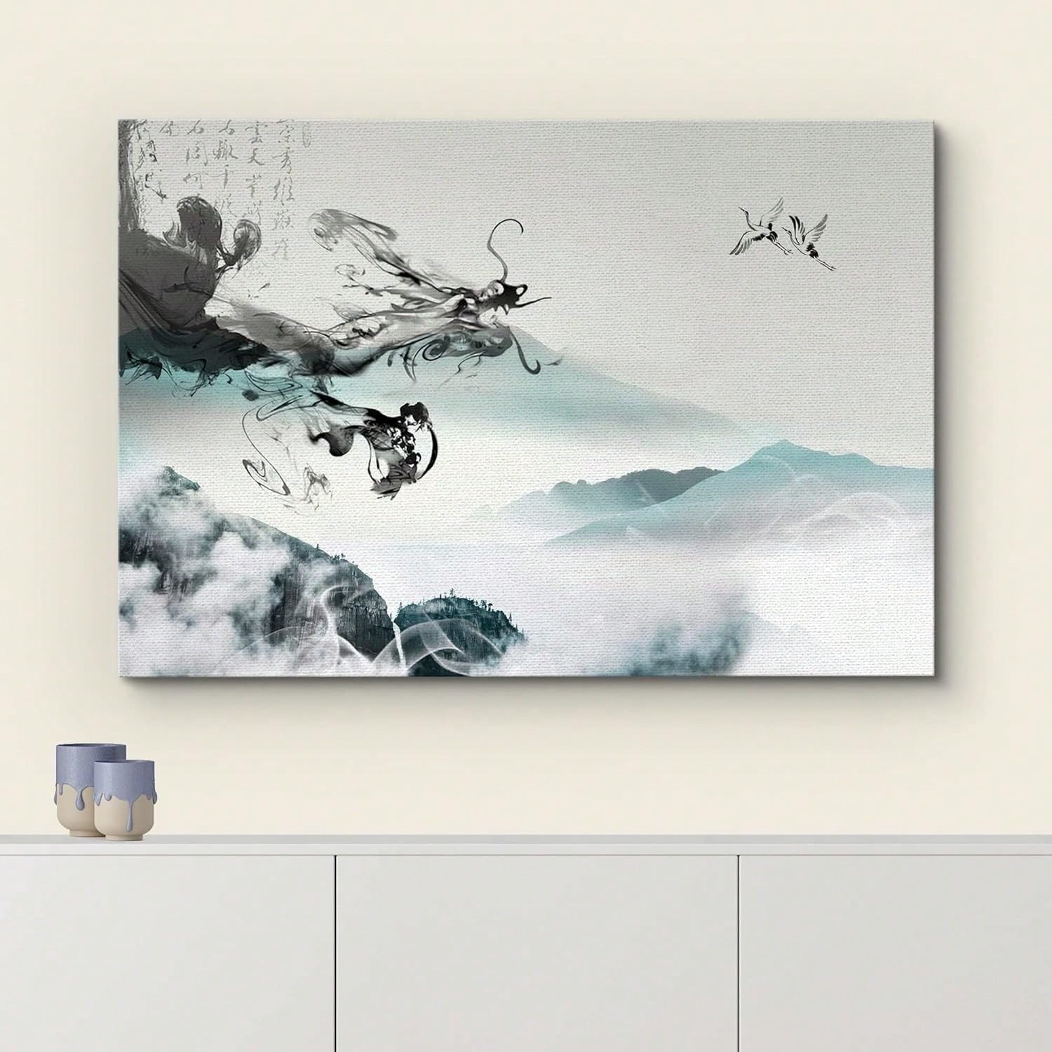 Lybceoug No Frame Wall Decor, Pine Tree Red-Crowned Crane Canvas Print, Chinese Feng Shui Dragon Crane Framed(50X70cm/No Frame)
