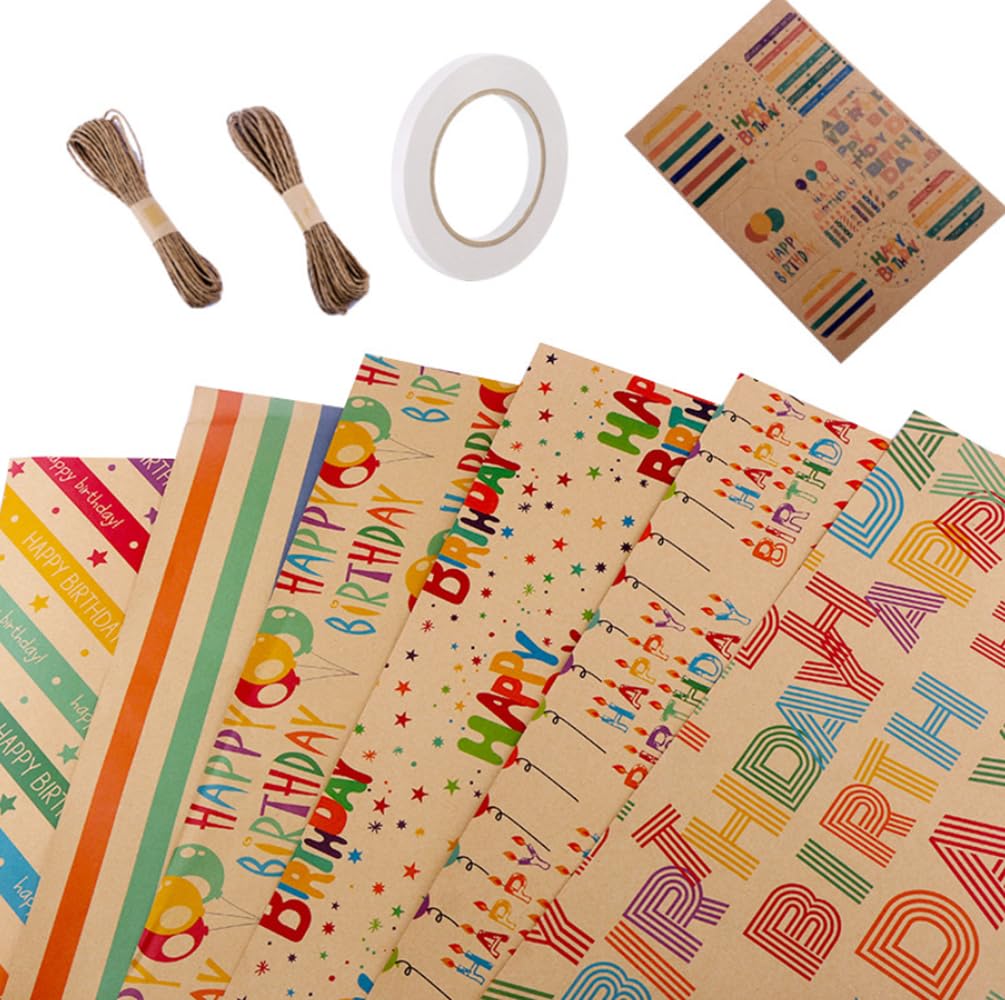 Tsbfeery 6 Sheets Birthday Gift Wrapping Paper Happy Birthday Wrapping Gift Wrap Paper Set for Birthday, Bridal Baby Shower, Weddings, Graduations,Eid 50 cm X 70 cm (Happy Birthday)