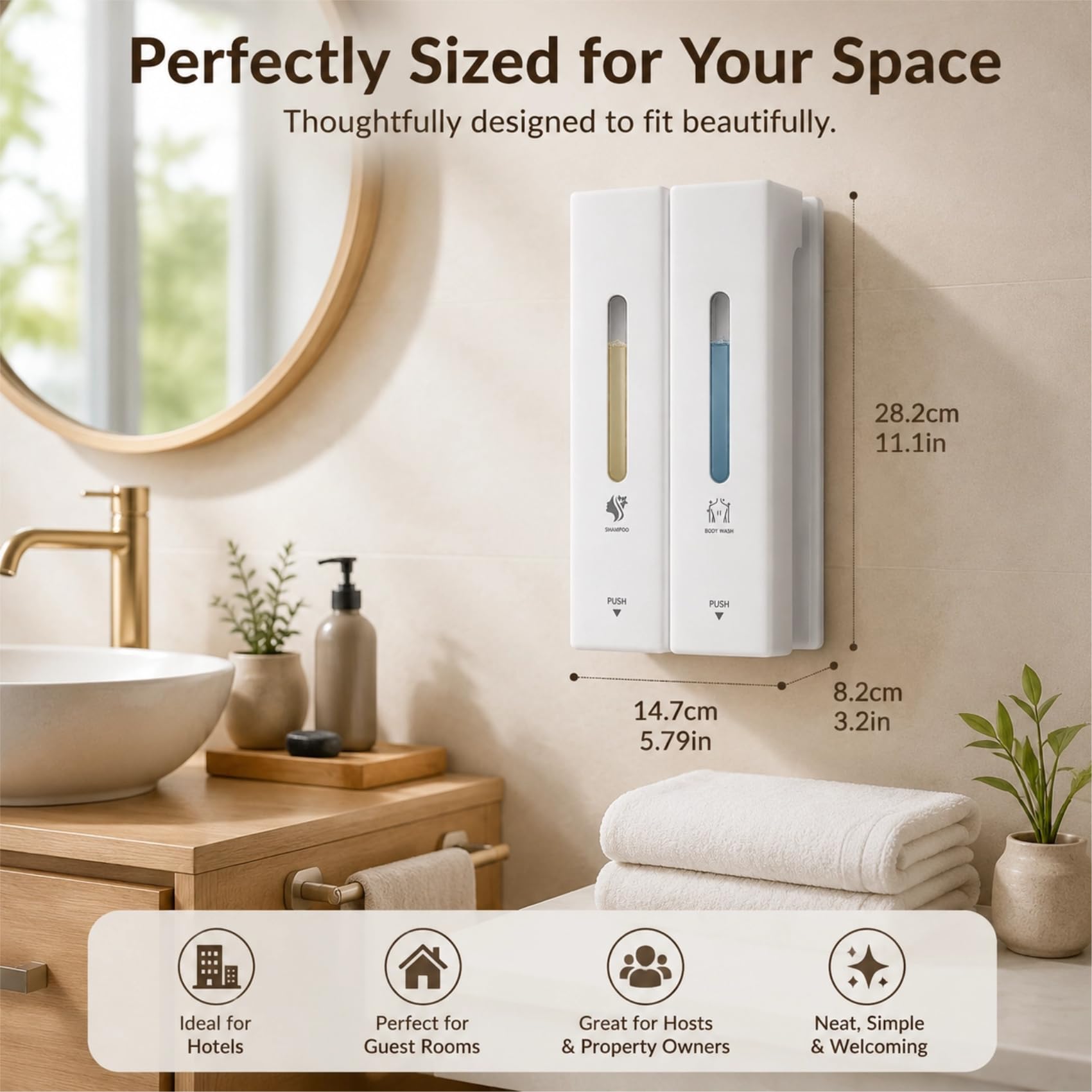 Dispensador Jabón Baño Pared Sin Taladro, Dosificador Gel Ducha y Champú 400/800/1200 ML con Botón Ancho, Plástico ABS Antioxidante (Botón Grande-Nuevo Blanco Mate 2 Compartimentos)