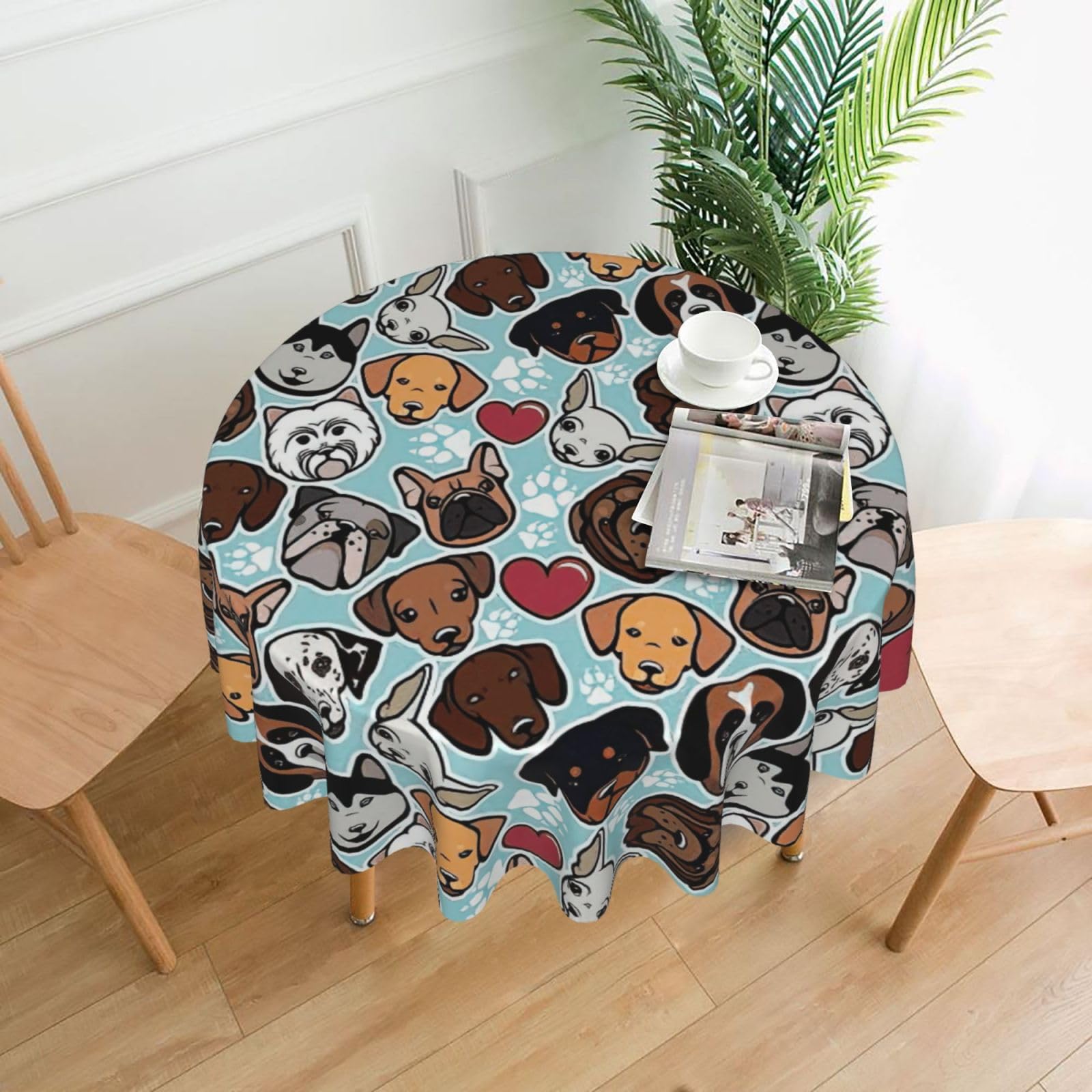 SDEGTHO Cute Pug Dog Print Modern Retro Round Tablecloth 60in Polyester Fabric Cover for Party Dining Table Washable