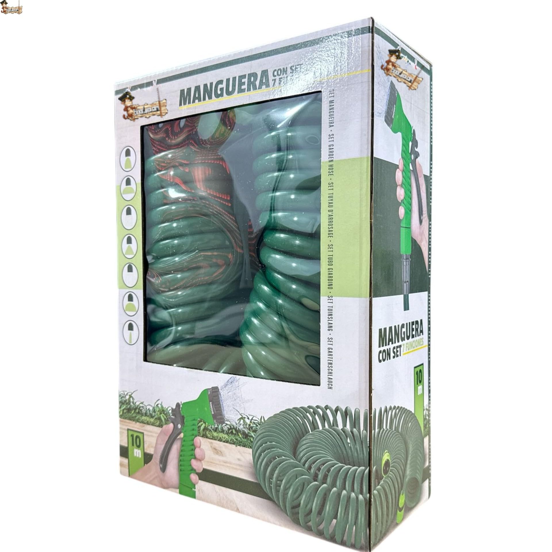 BricoLoco.com Rozszerzalny wąż do nawadniania ogrodowego. Wielofunkcyjny pistolet do podlewania 7 dysz. Automatyczne zwijanie szybkie połączenie (Spirala 10 mts, 2)