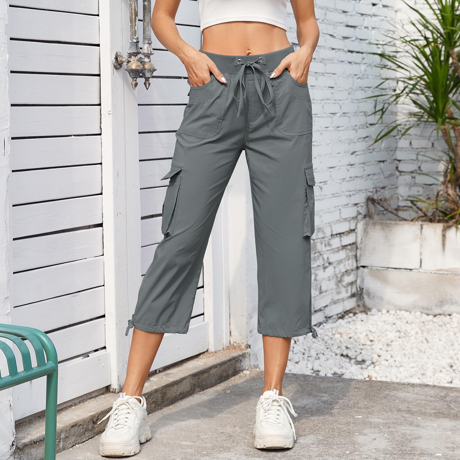 Hormtaer Pantalon court cargo d'été pour femme - Pantalon de jogging 3/4 - Pantalon de randonnée décontracté avec 6 poches